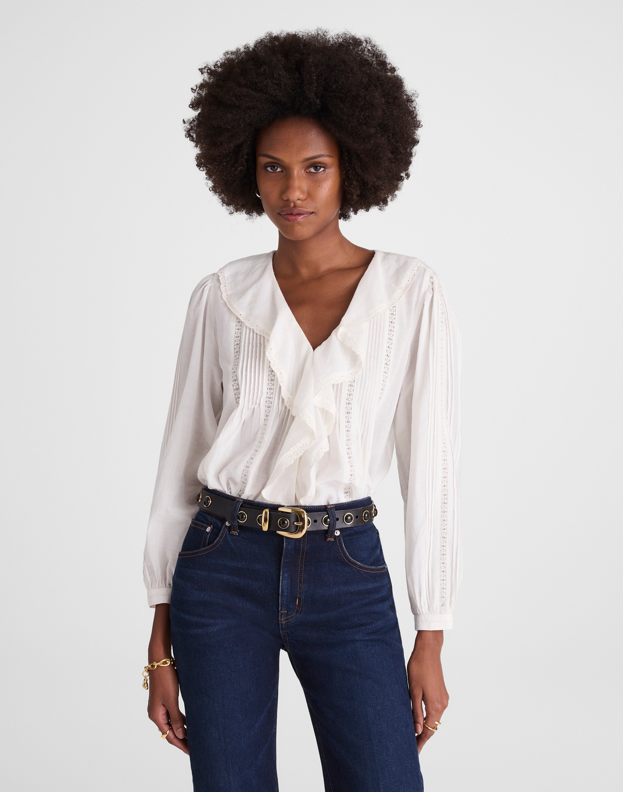 Madewell Lace-insert Ruffled Pintuck Long-sleeve Top In White