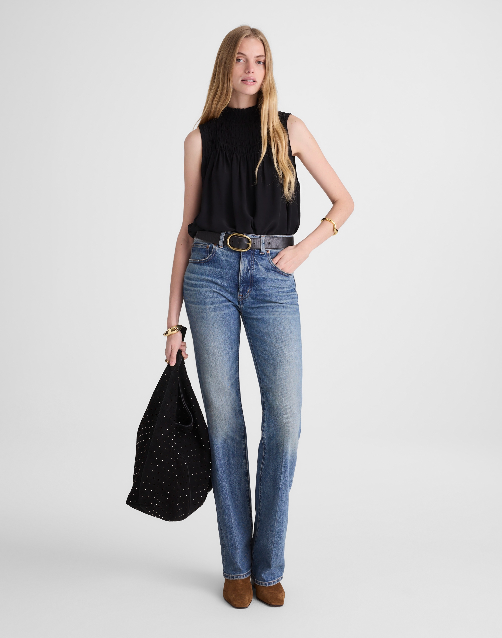 Smocked Mockneck Sleeveless Top