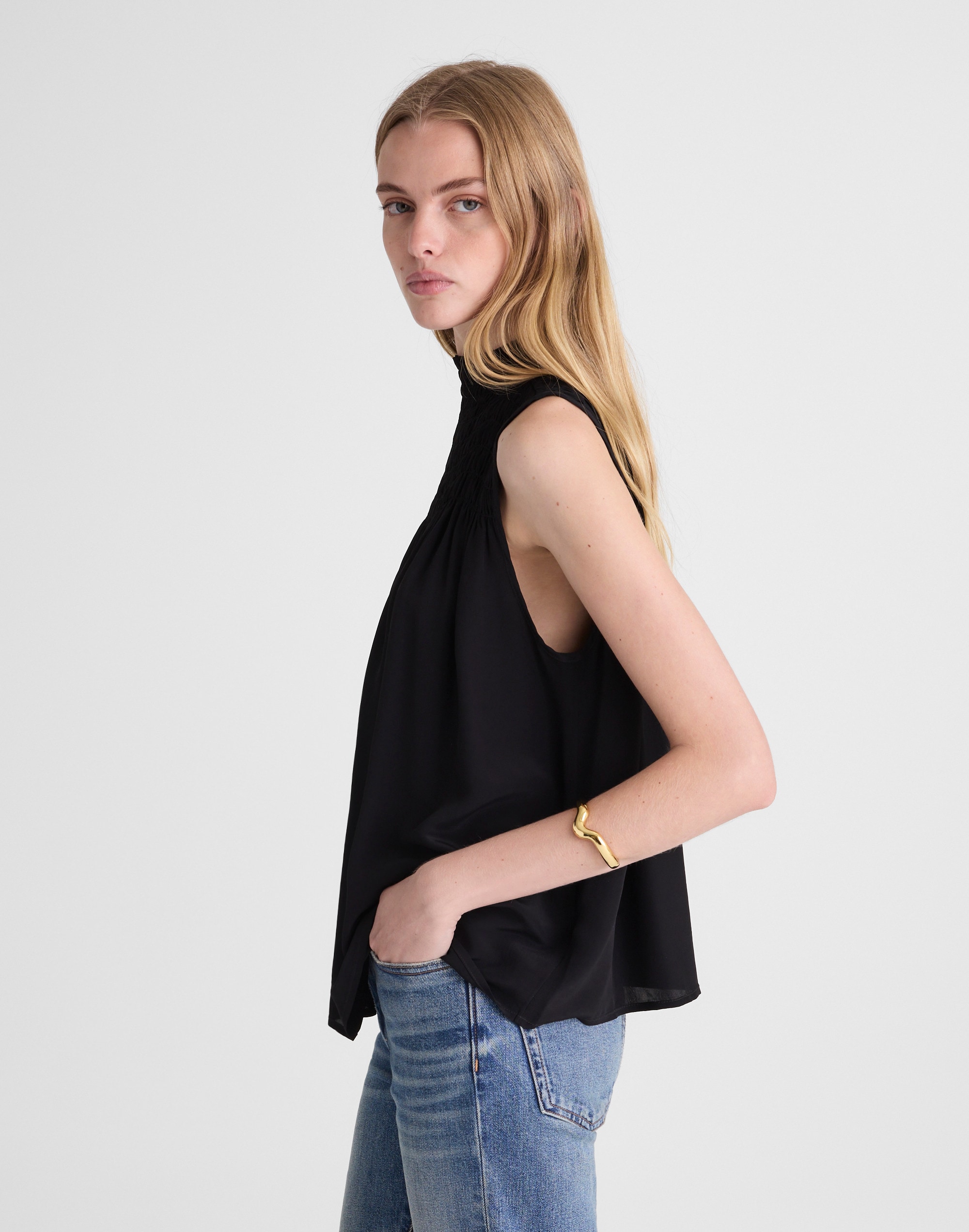 Smocked Mockneck Sleeveless Top