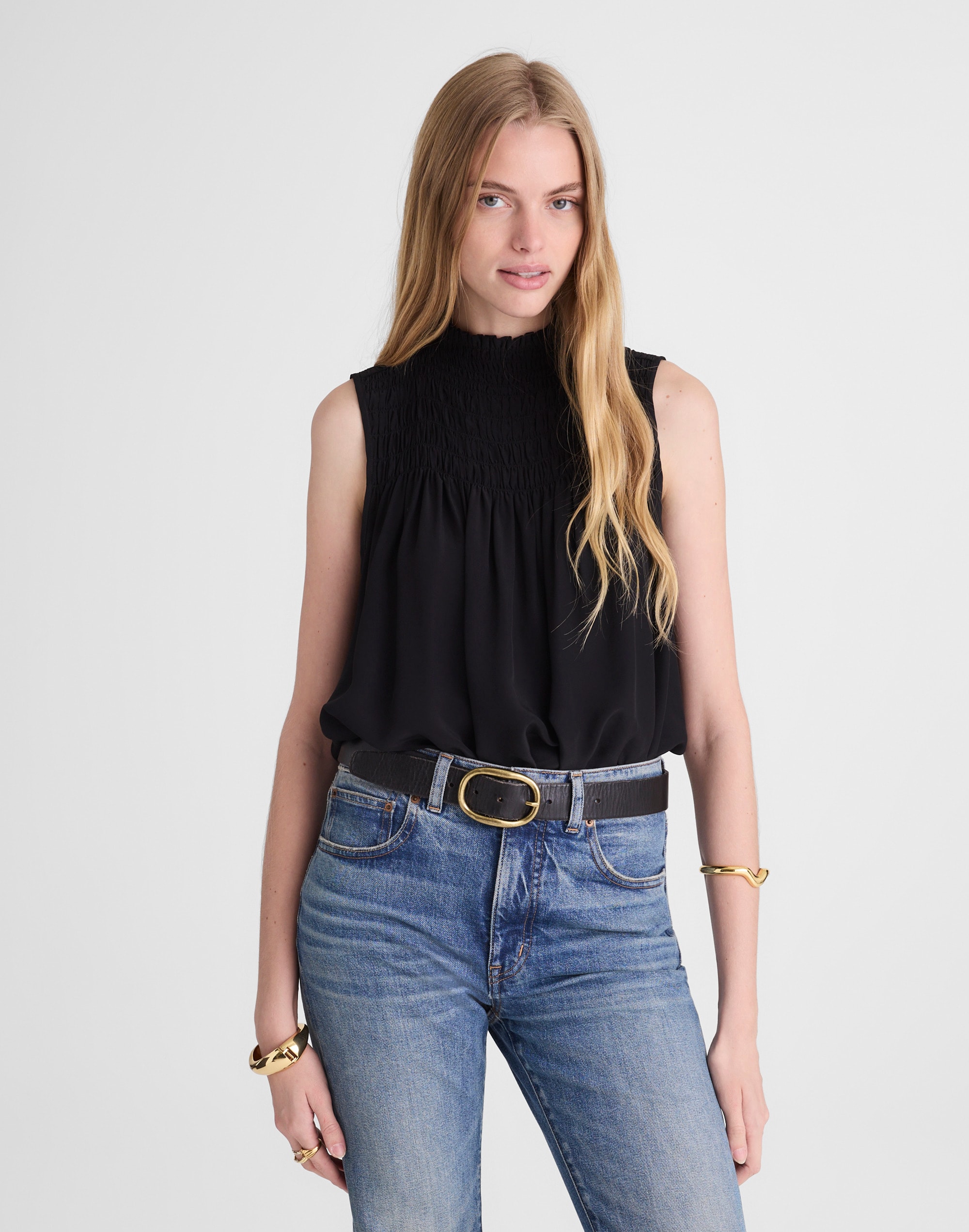 smocked mockneck sleeveless top