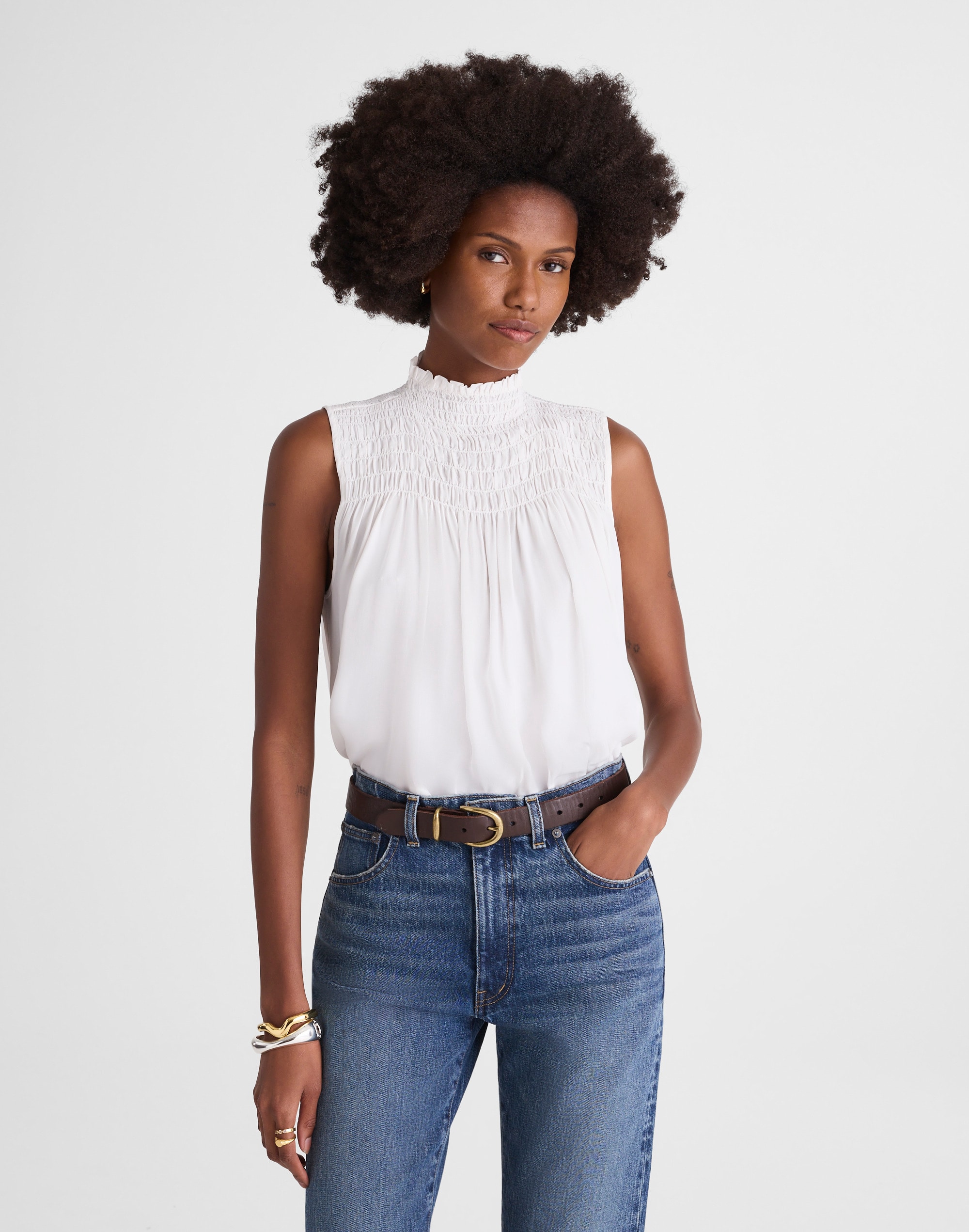 Smocked Mockneck Sleeveless Top