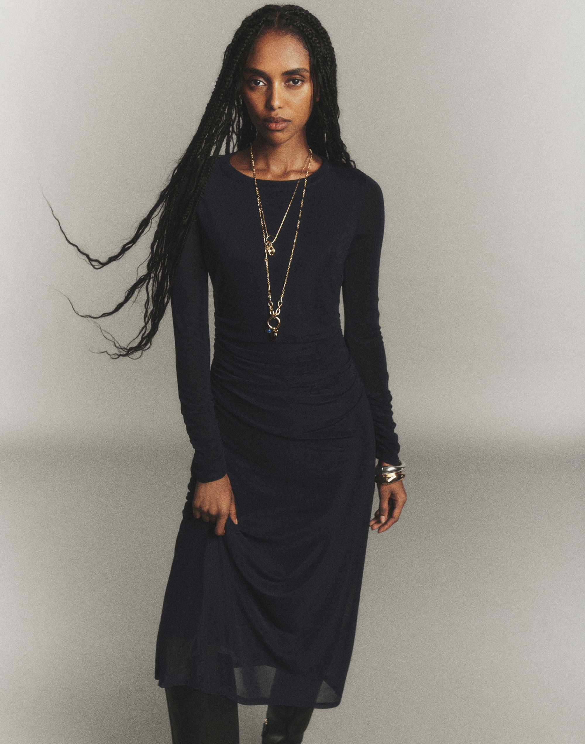 Long-Sleeve Ruched Midi Dress