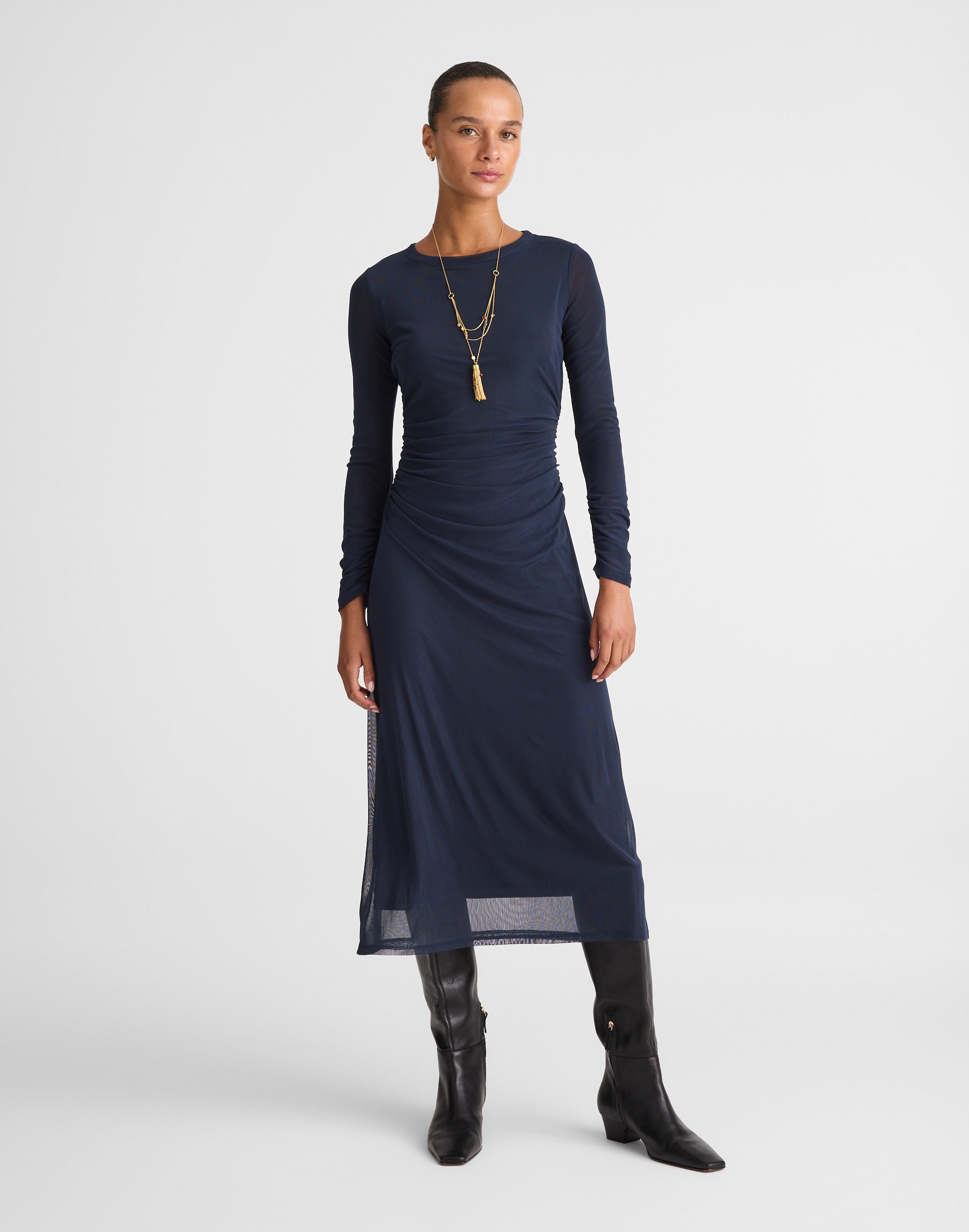 long-sleeve ruched midi dress