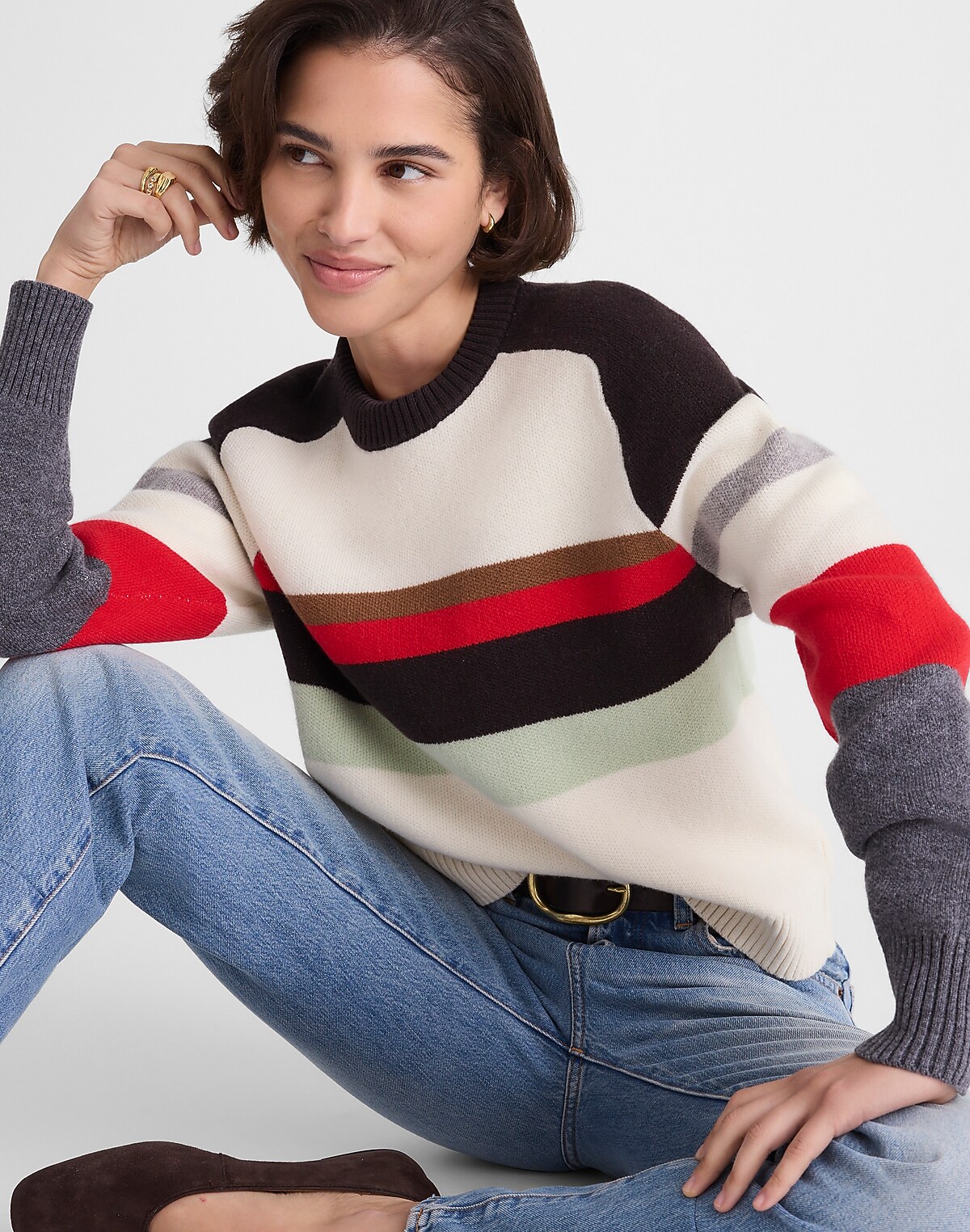 Raglan-Sleeve Sweater in Colorblock Merino Wool