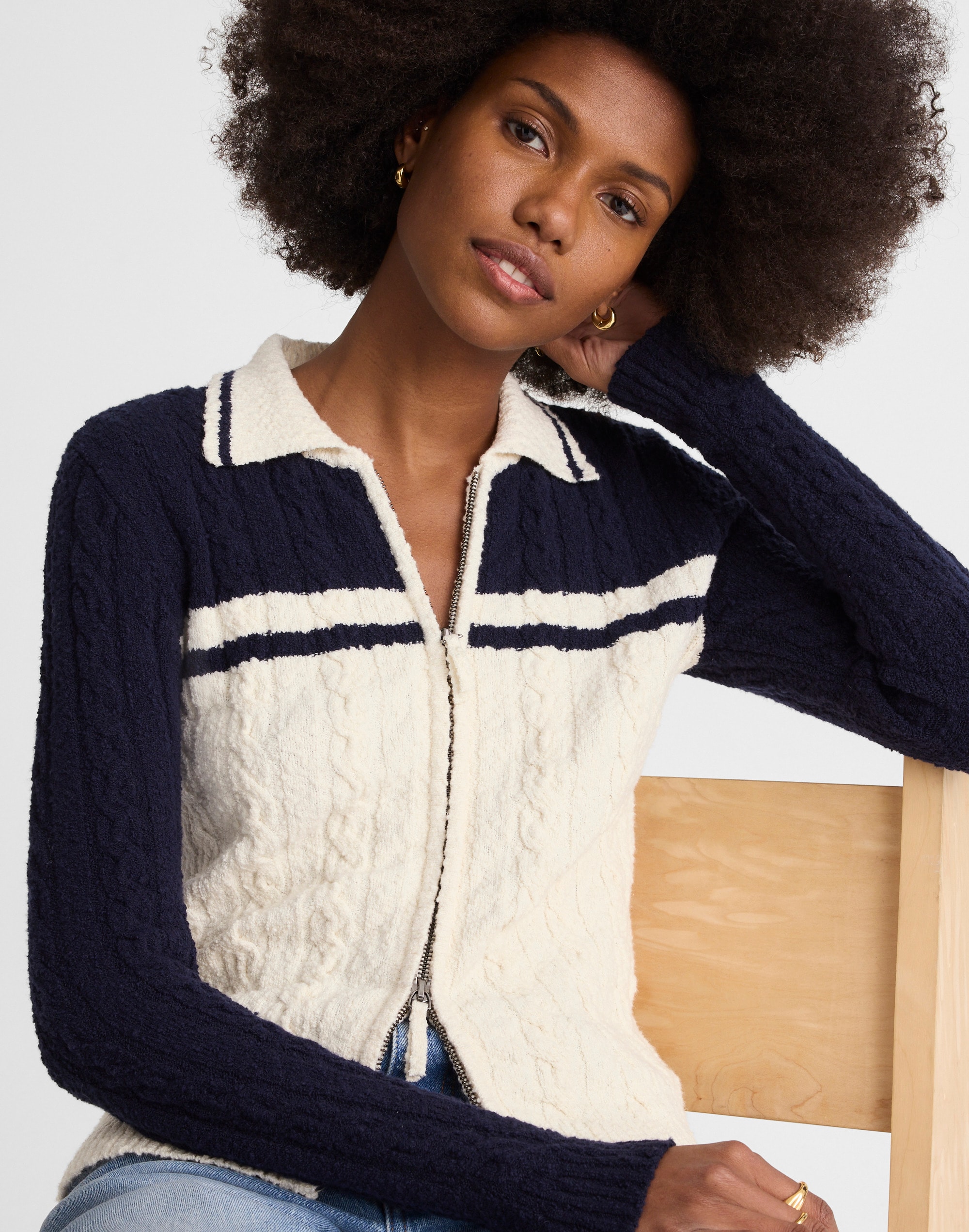 colorblock cable-knit zip cardigan