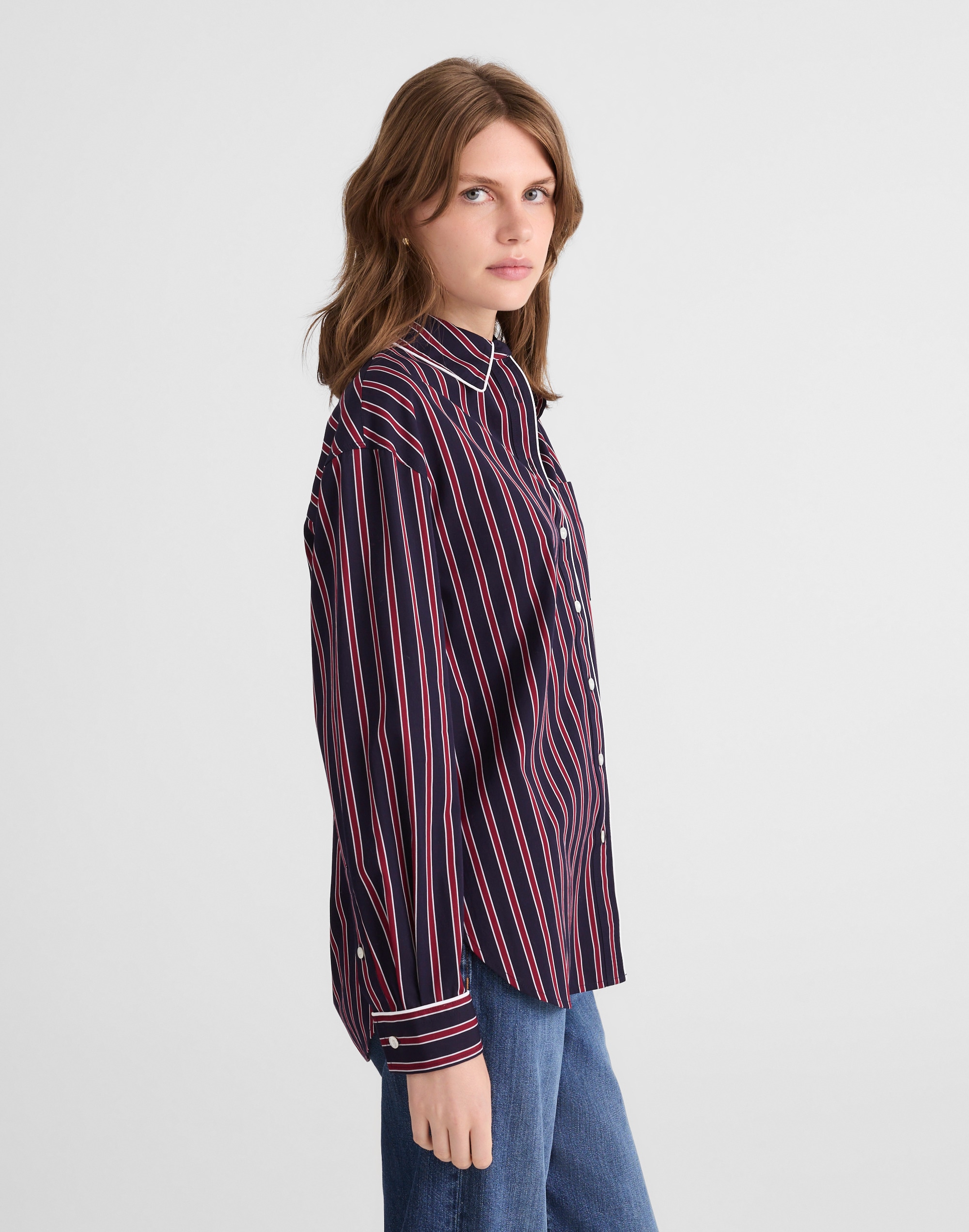 Long Button-Up Shirt Stripe Poplin