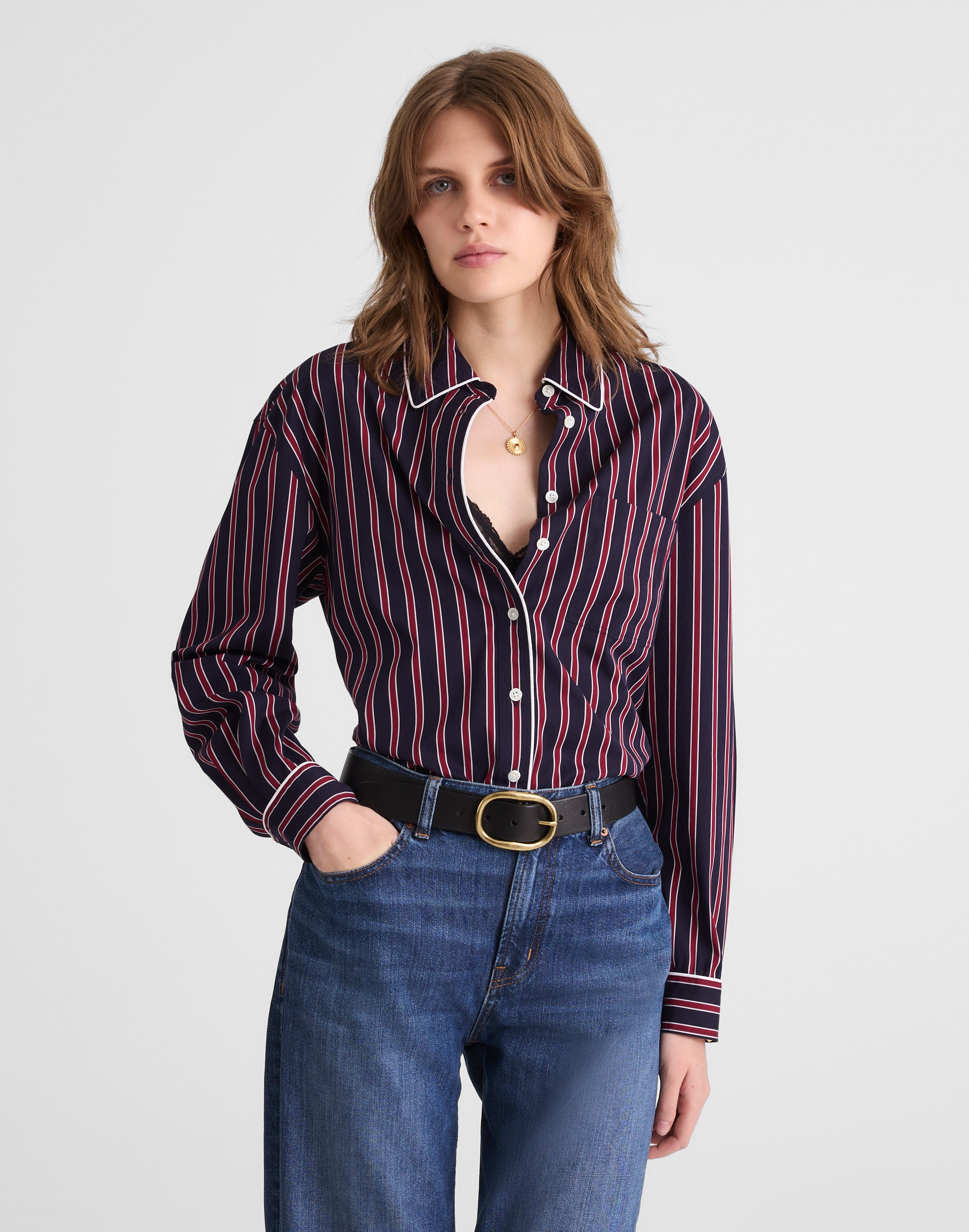 Long Button-Up Shirt Stripe Poplin