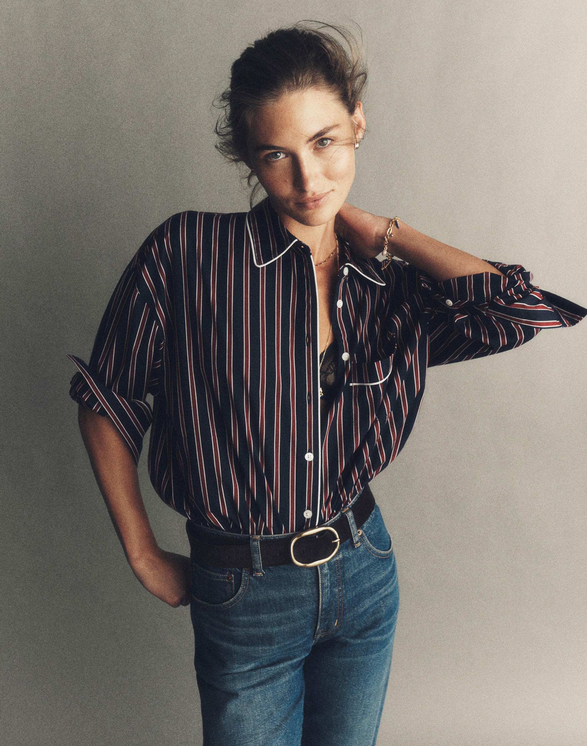 Long Button-Up Shirt Stripe Poplin