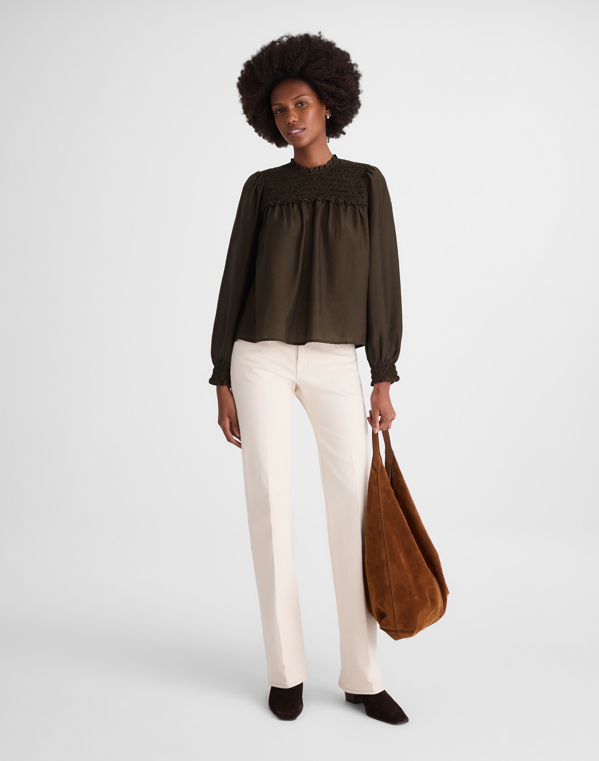 Smocked High-Neck Long-Sleeve Top