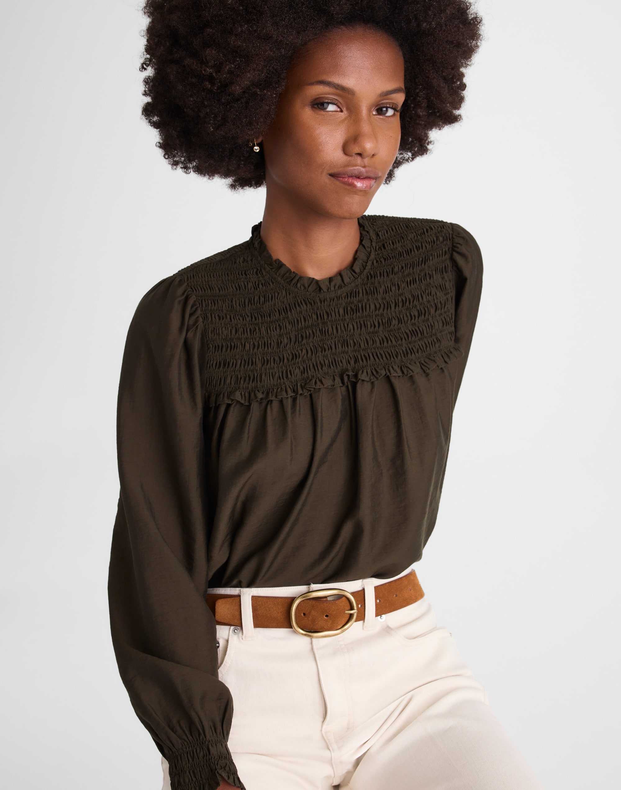 Smocked High-Neck Long-Sleeve Top