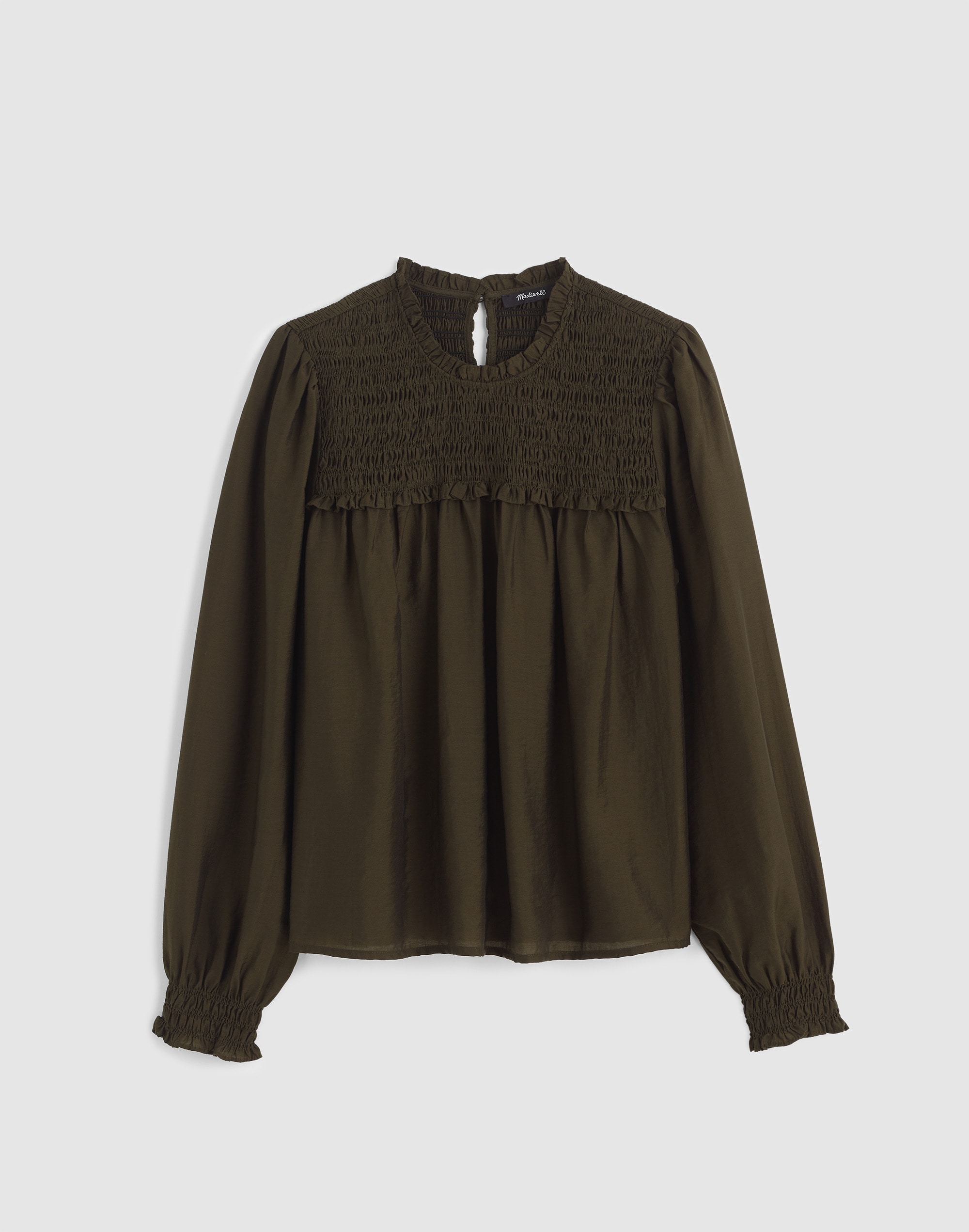 Smocked High-Neck Long-Sleeve Top