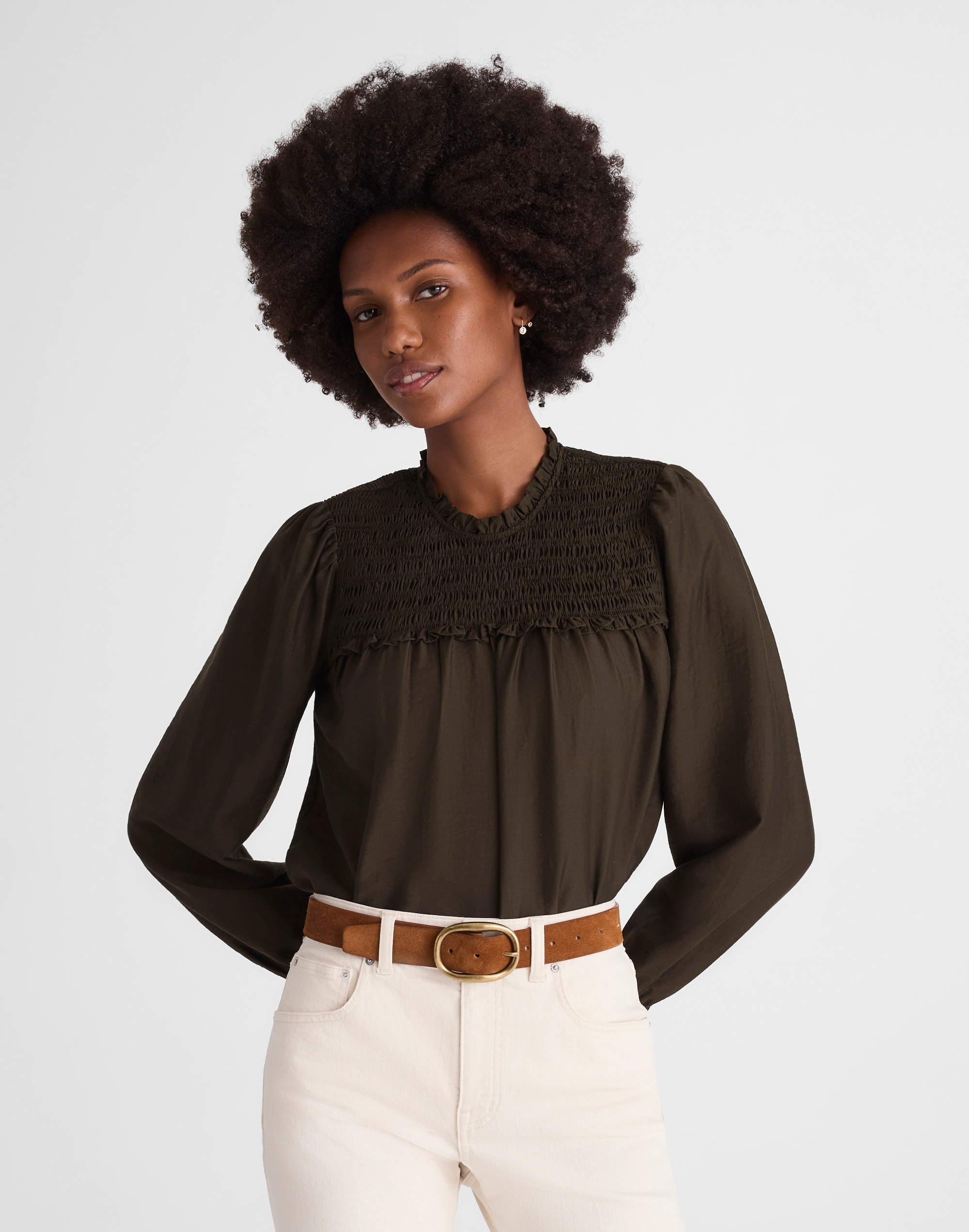 smocked high-neck long-sleeve top