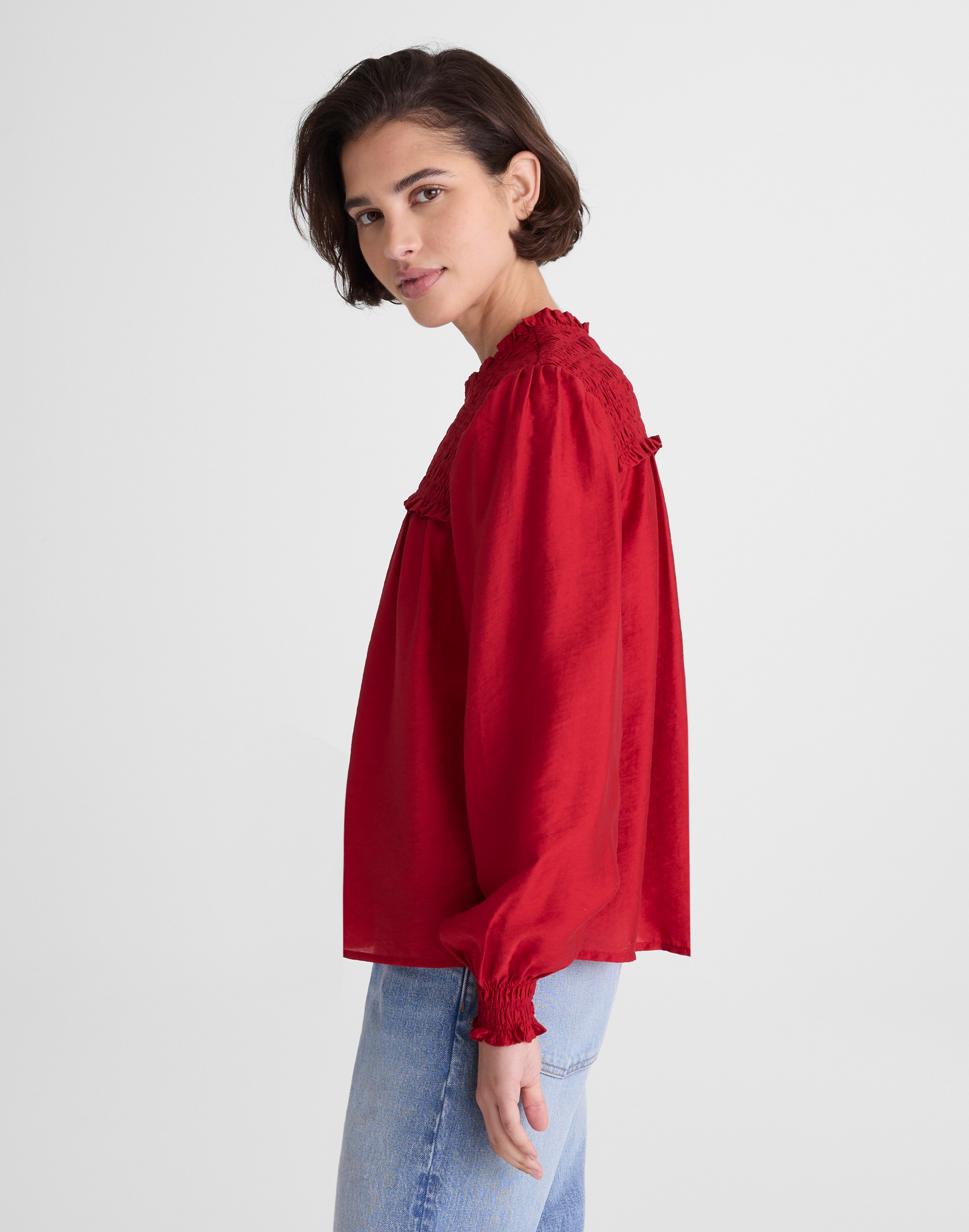 Smocked High-Neck Long-Sleeve Top
