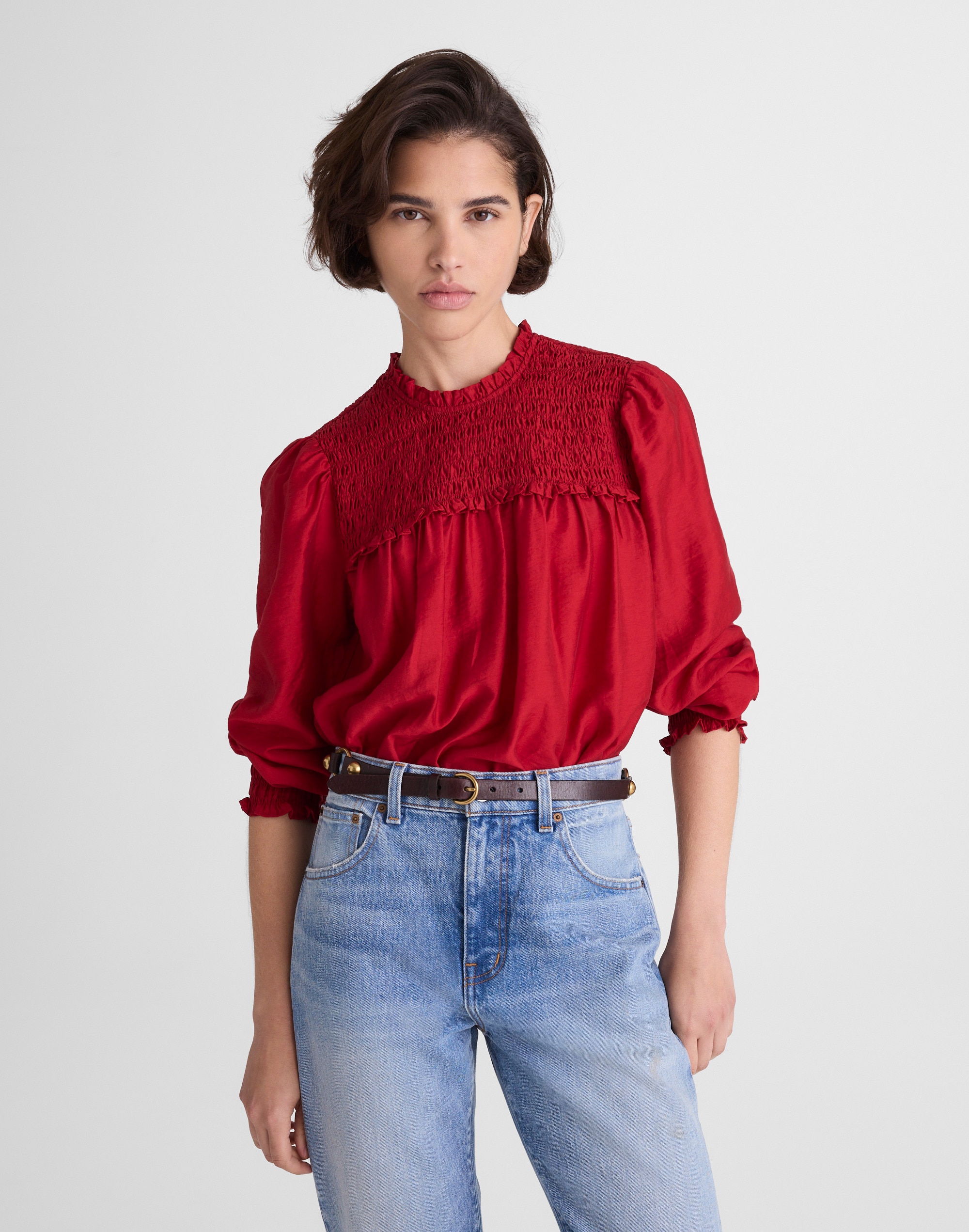 Madewell Smocked High-neck Long-sleeve Top In Red