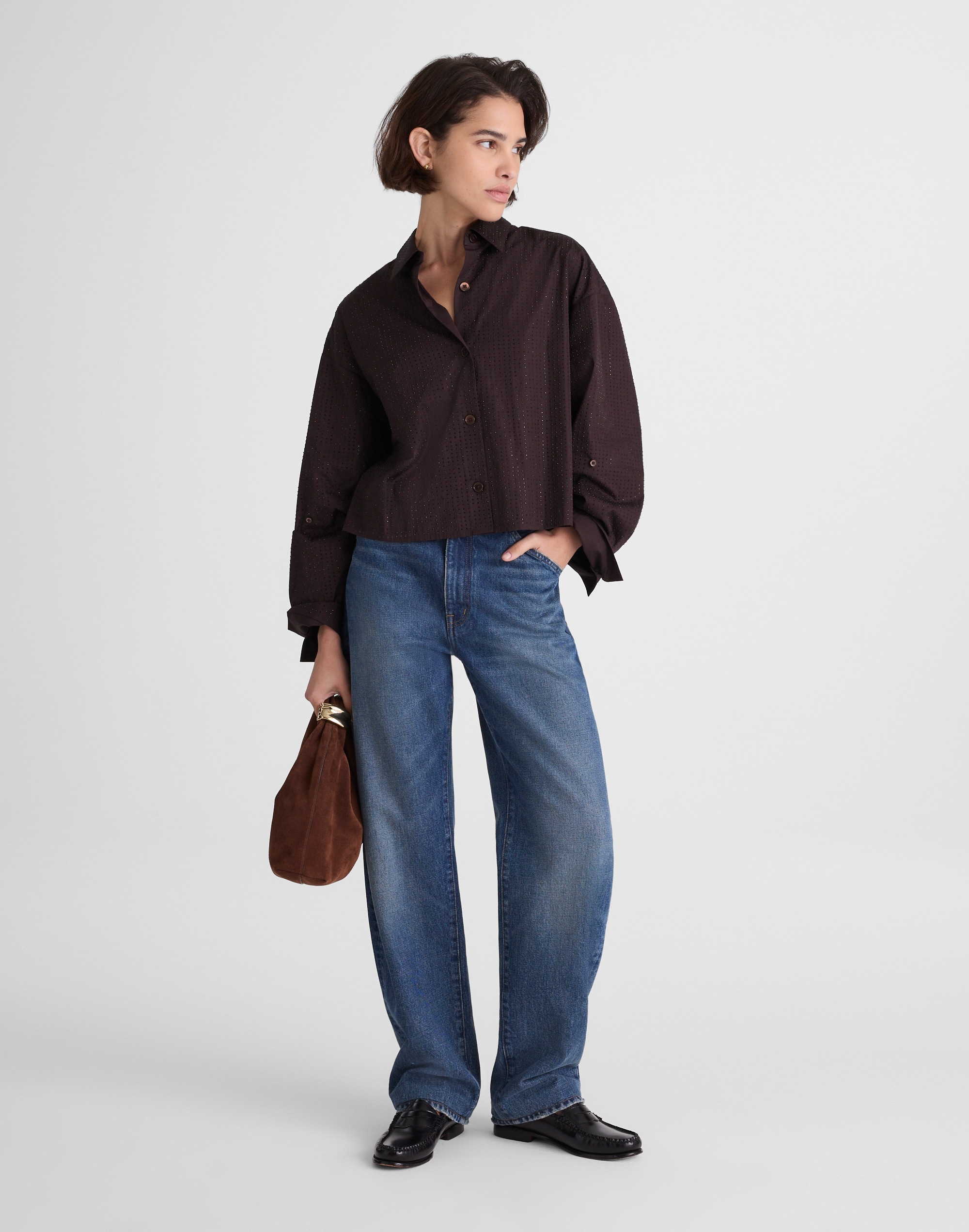 Madewell Rhinestone Straight-hem Shirt In Brown