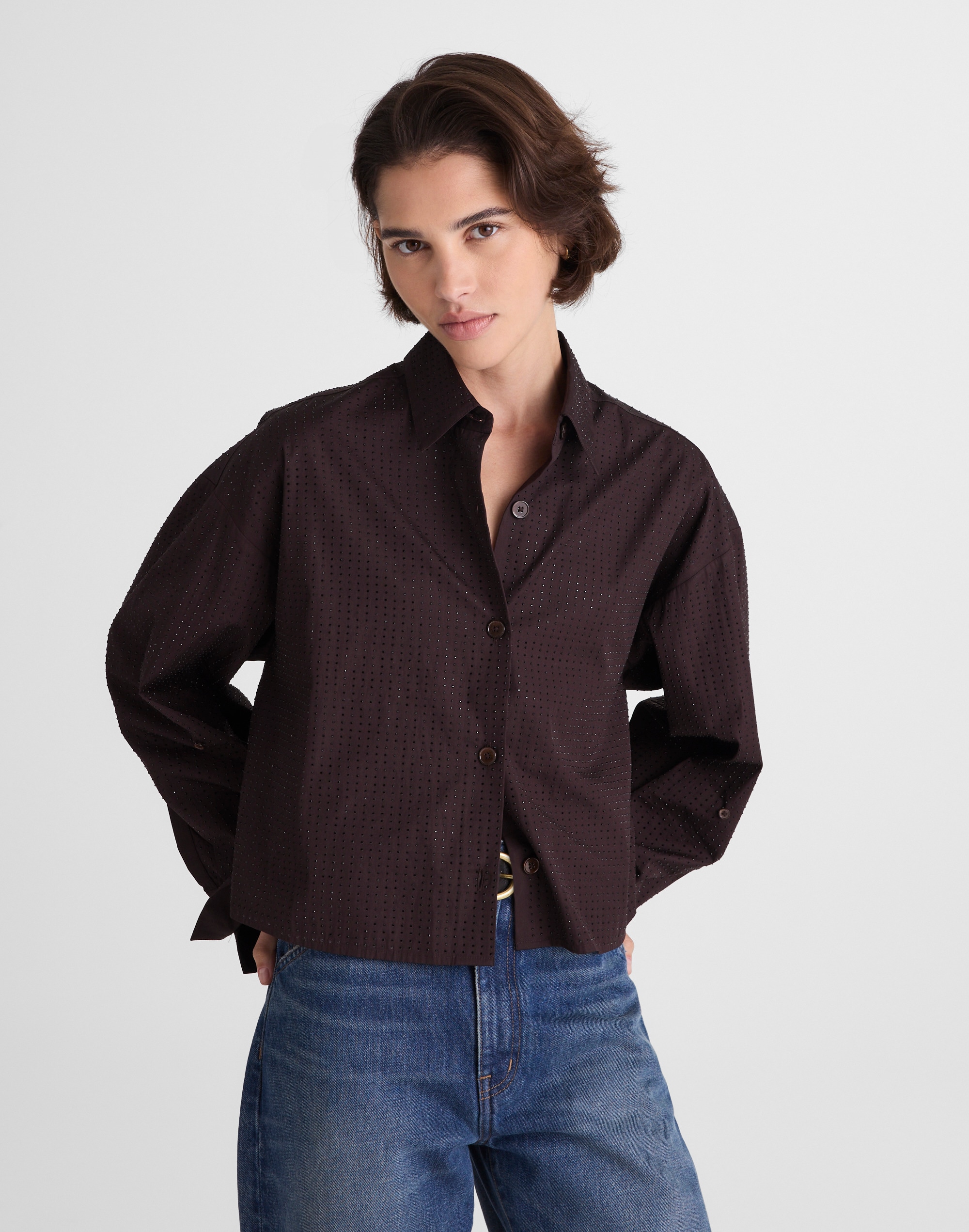 Madewell Rhinestone Straight-hem Shirt In Brown