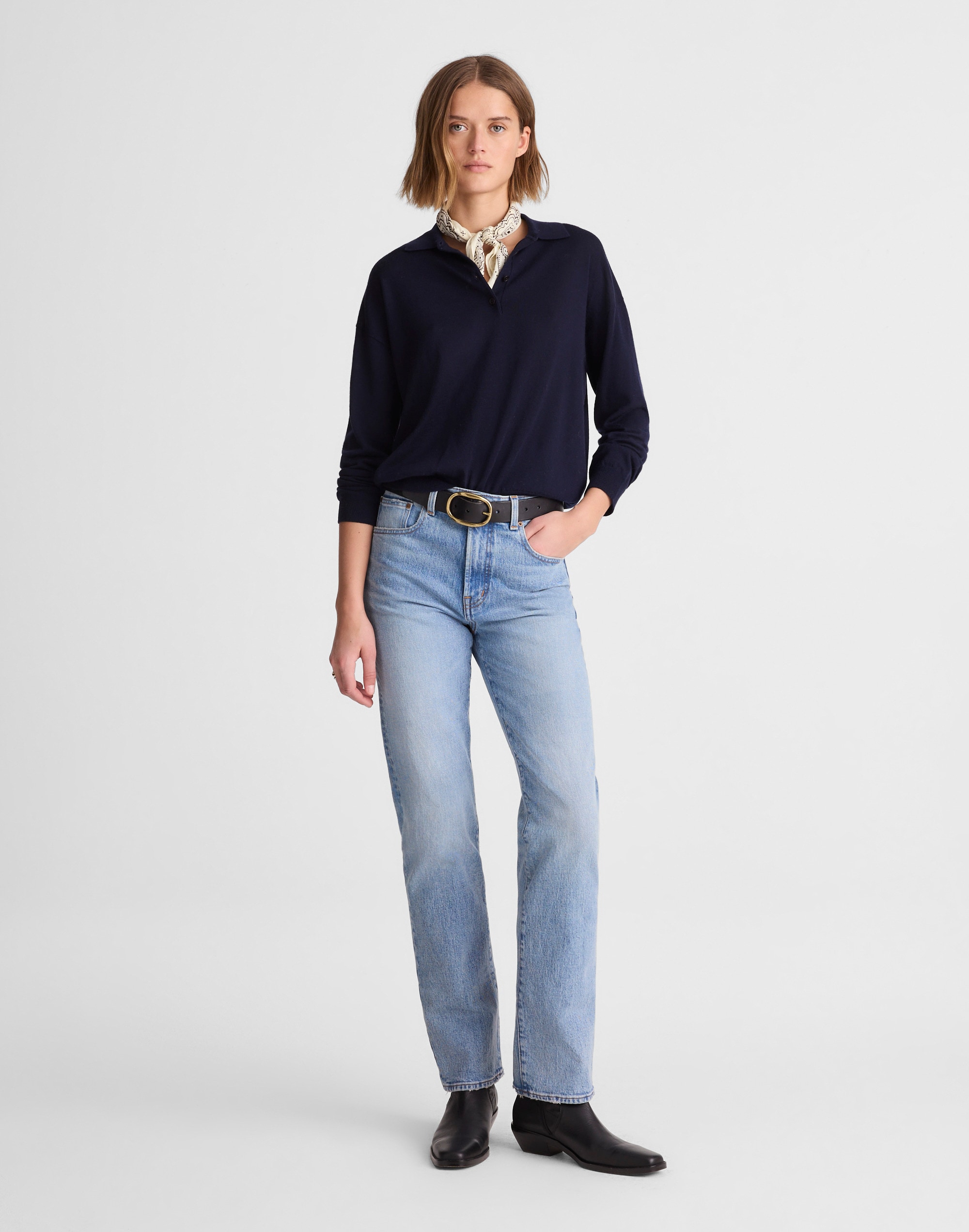 Drop-Shoulder Polo Sweater in Merino Wool