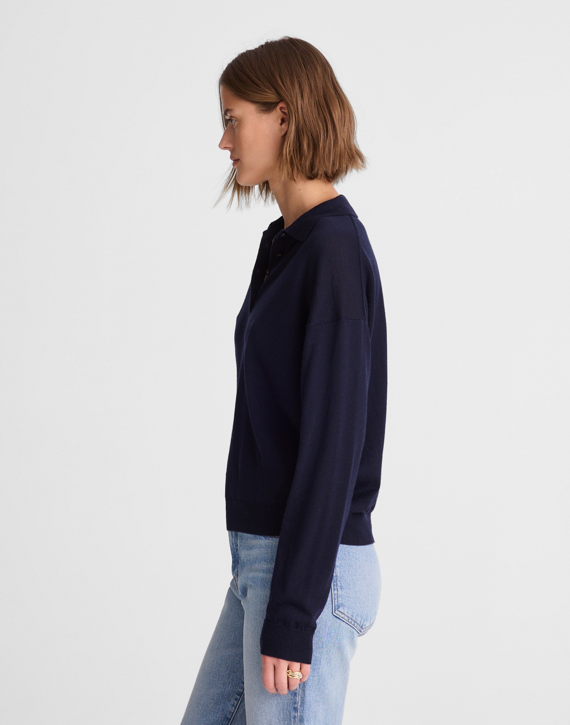 Drop-Shoulder Polo Sweater in Merino Wool