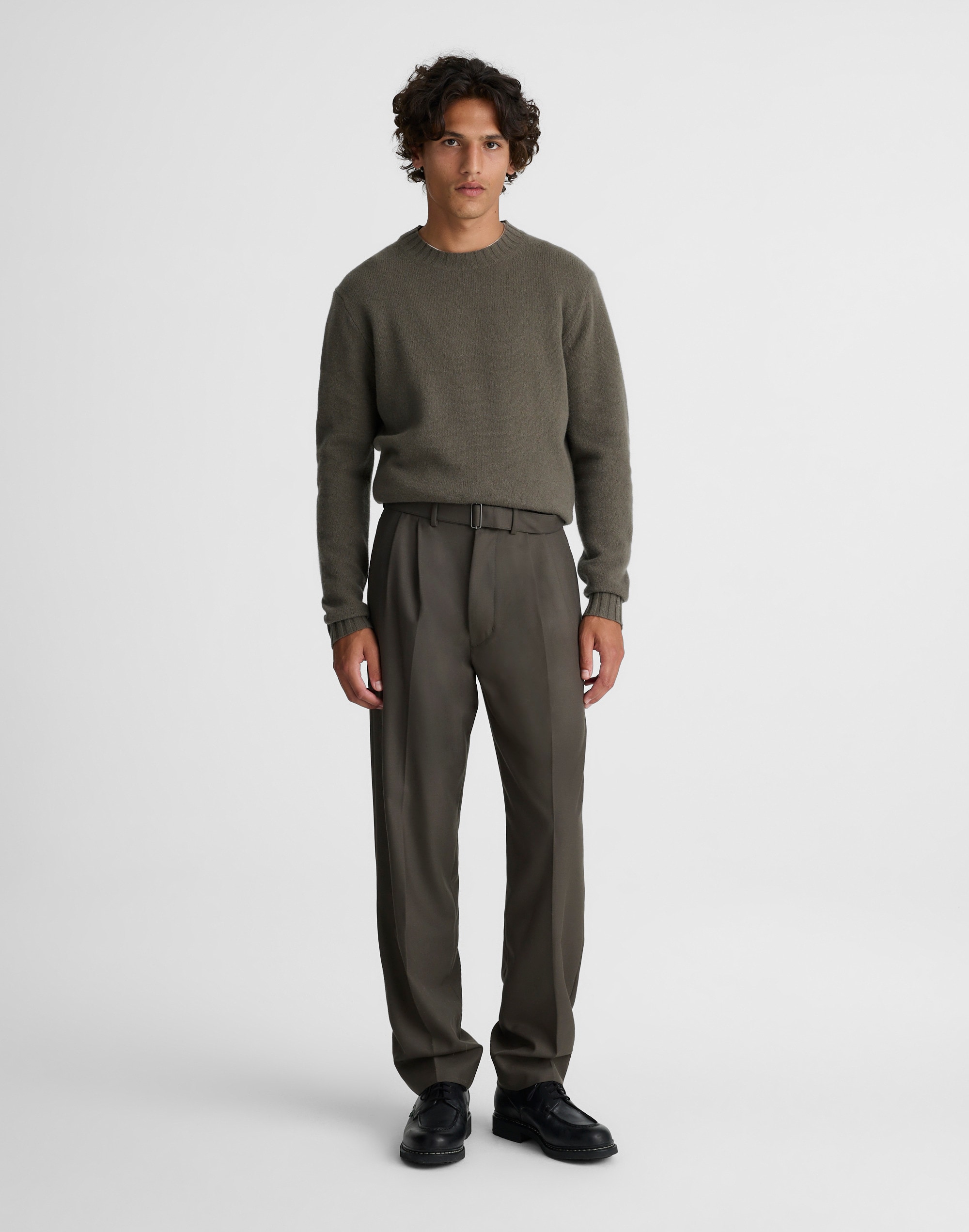 Belted Double-Pleat Trousers in Wool Blend