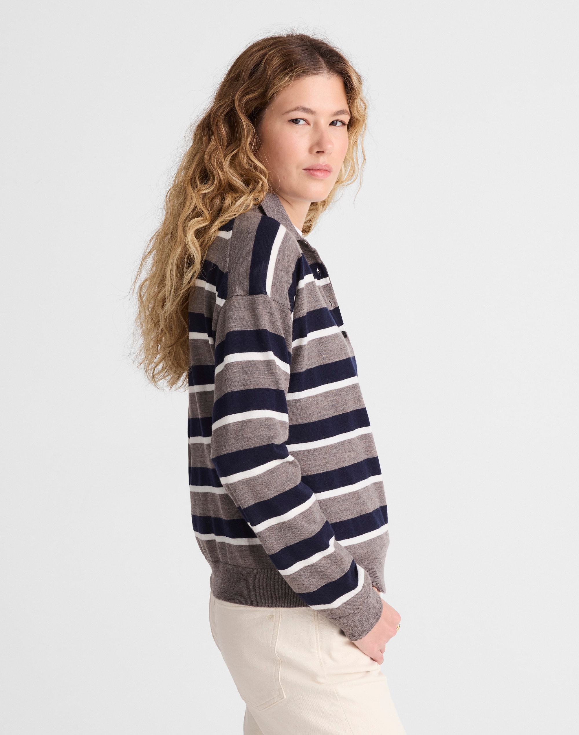 Drop-Shoulder Polo Sweater in Merino Wool