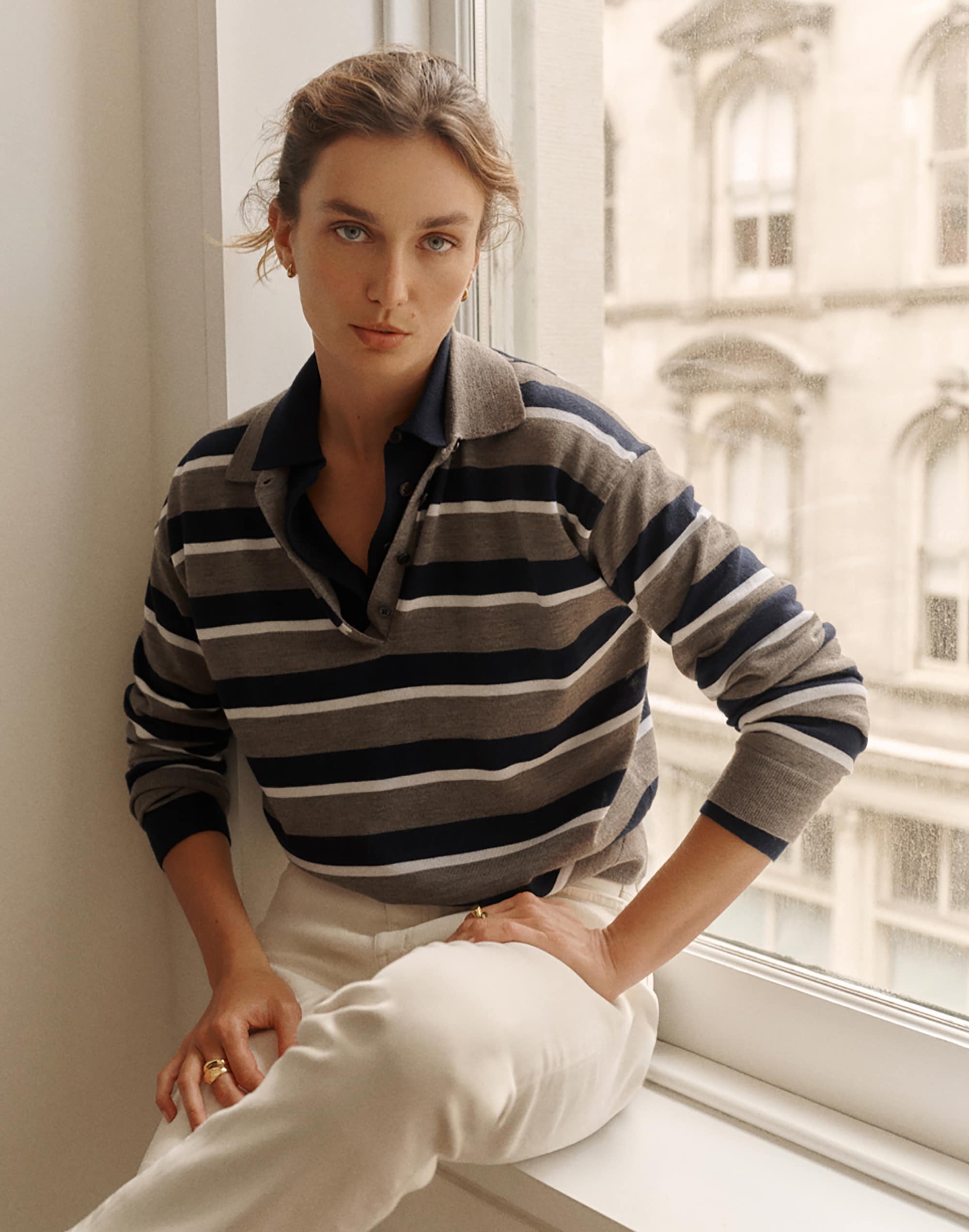 Drop-Shoulder Polo Sweater in Merino Wool 