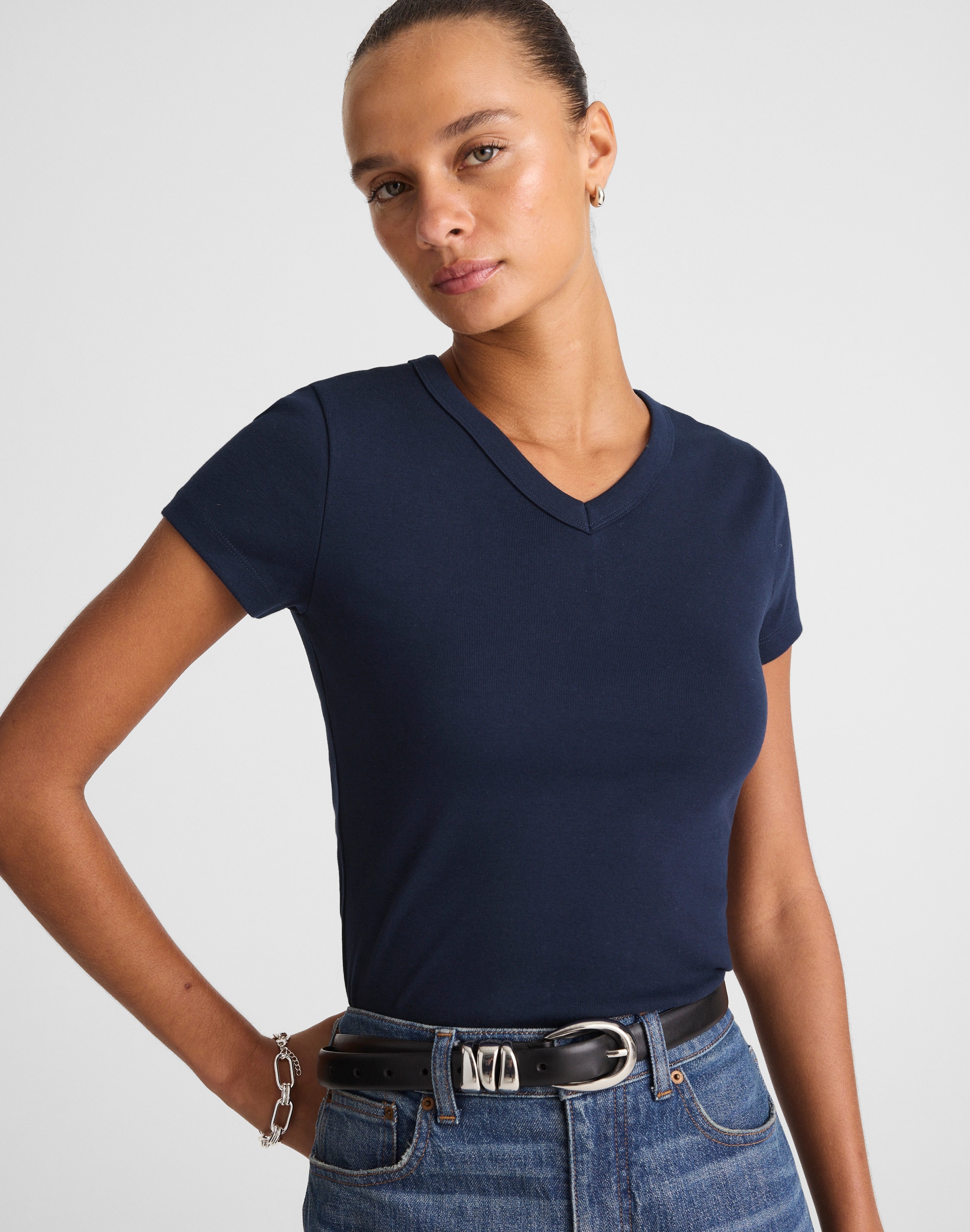 The '90s  V-Neck Baby Tee in Compact Cotton