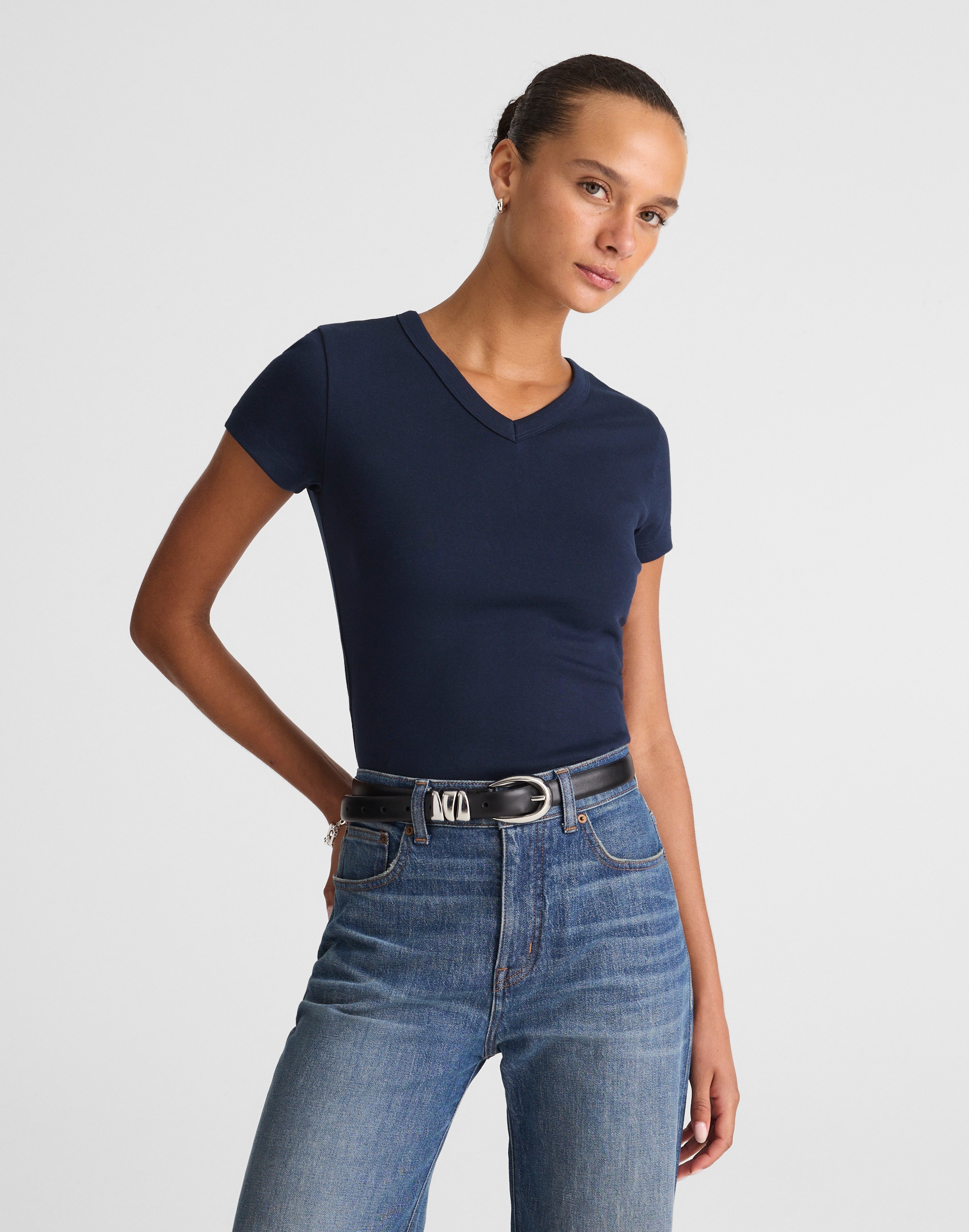 the '90s v-neck baby tee in compact cotton