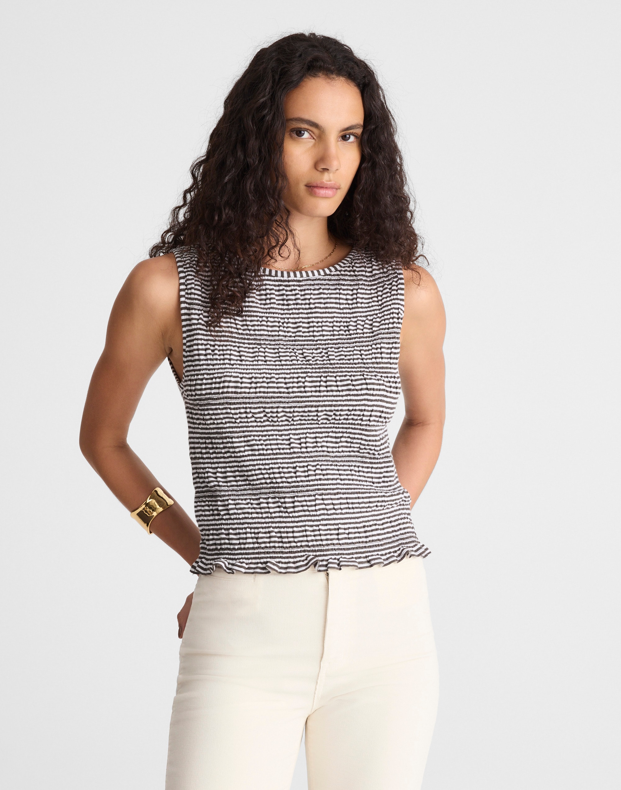 smocked boatneck tank in stripe