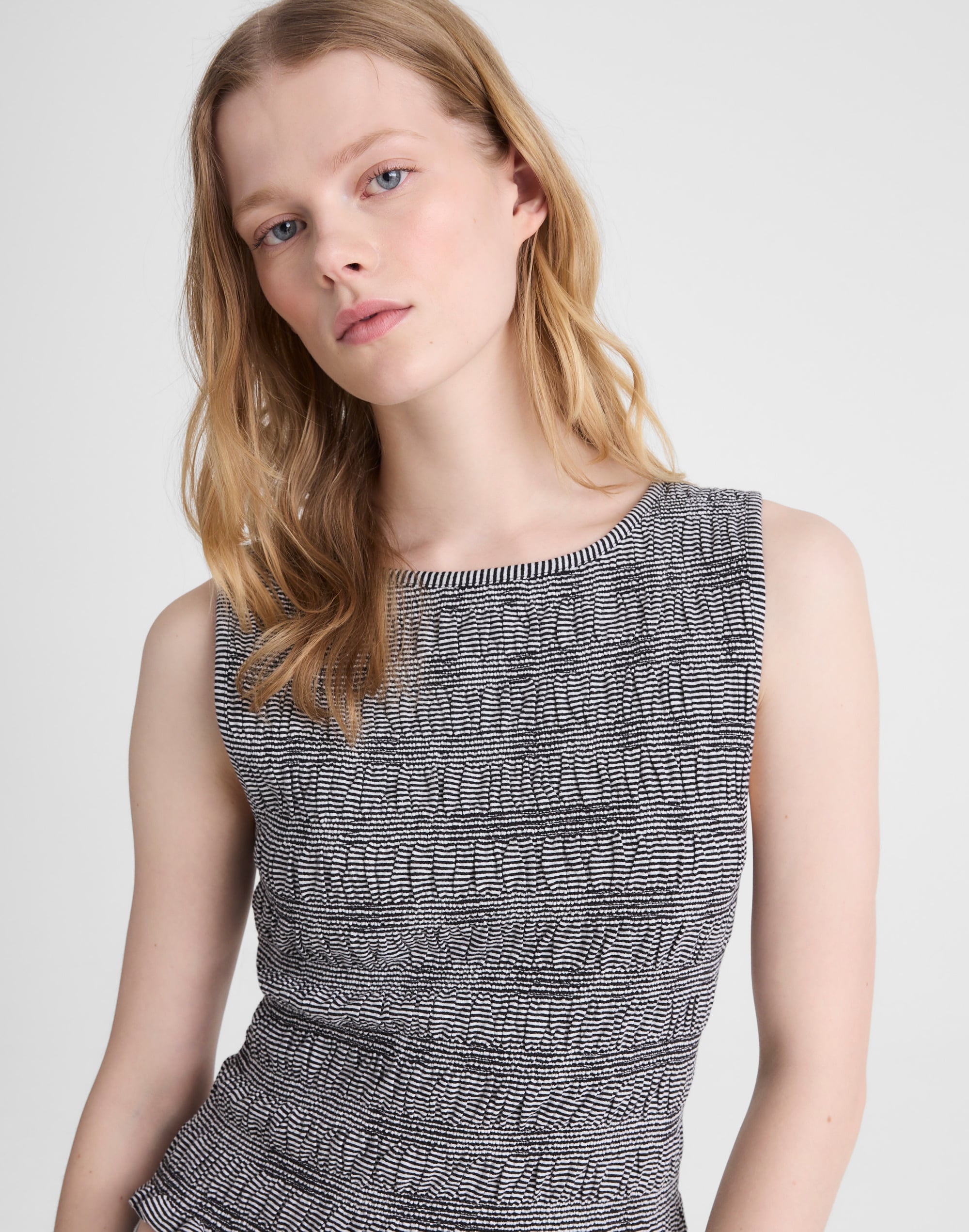 smocked boatneck tank in stripe