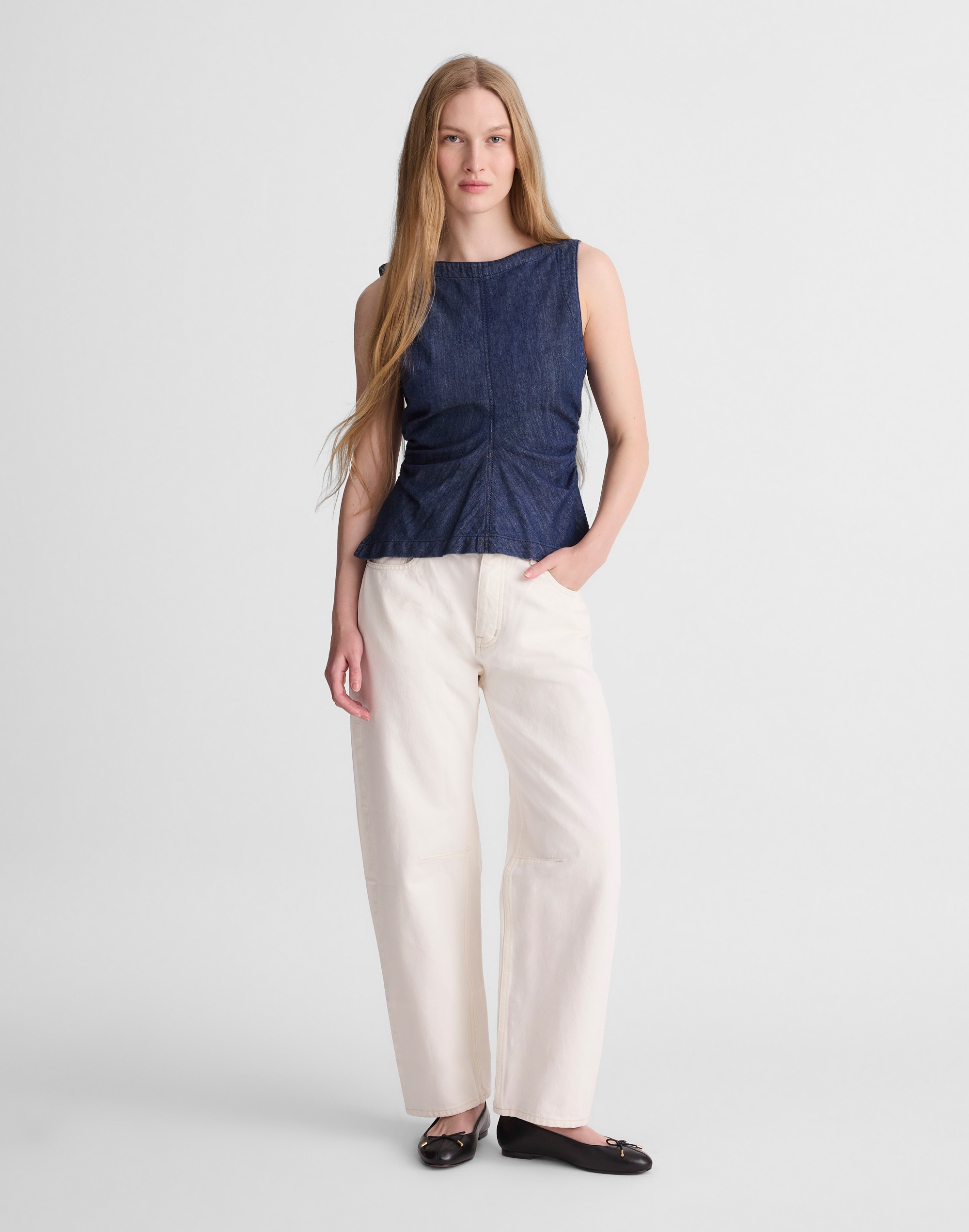 Denim Ruched Boatneck Shell Top