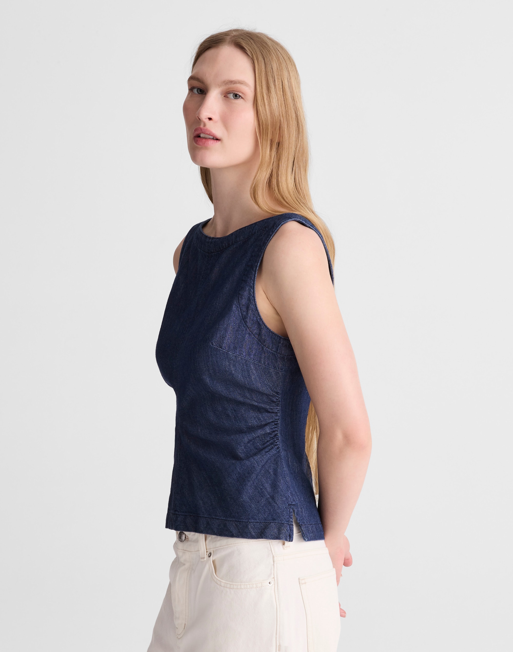 Denim Ruched Boatneck Shell Top