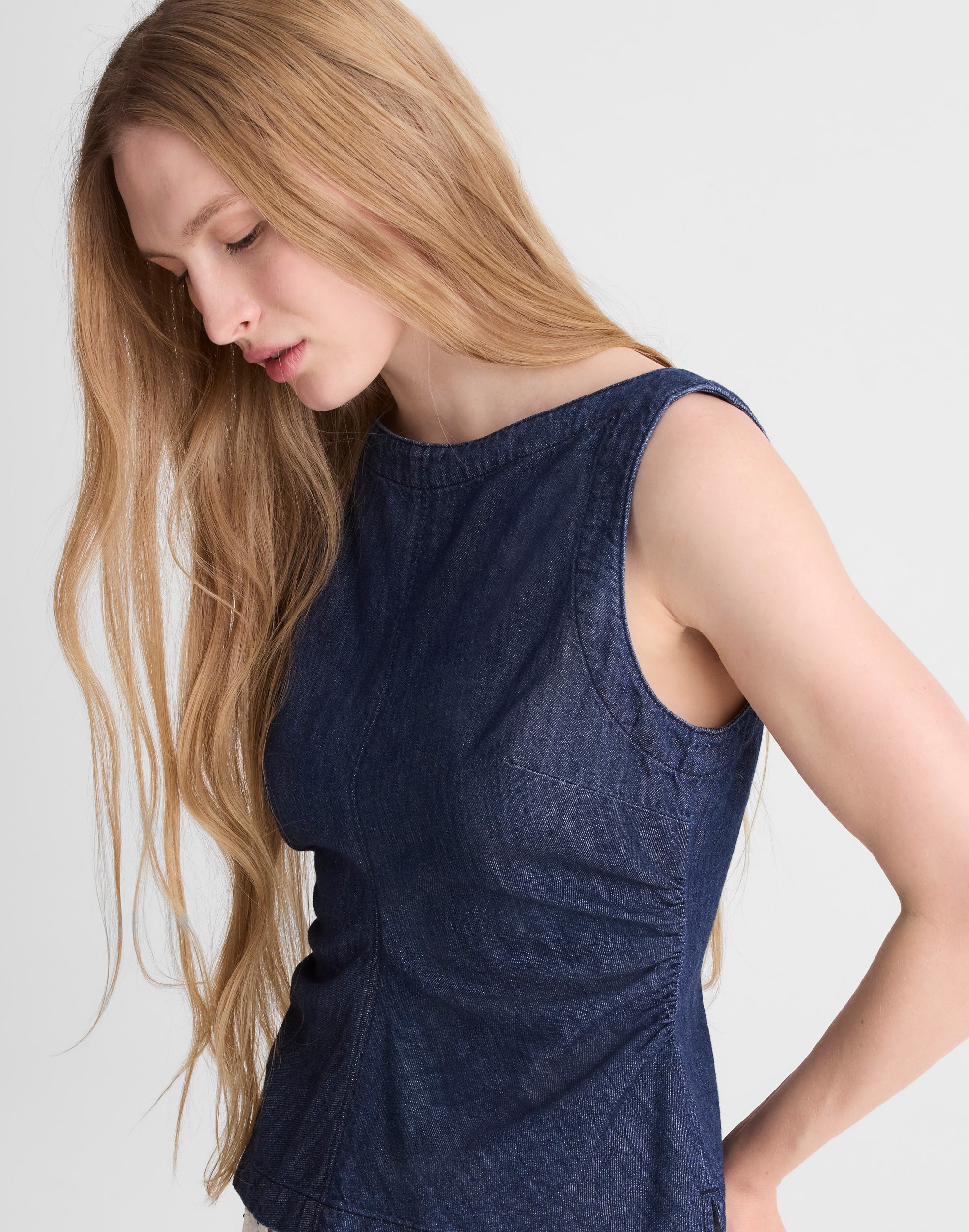 Denim Ruched Boatneck Shell Top