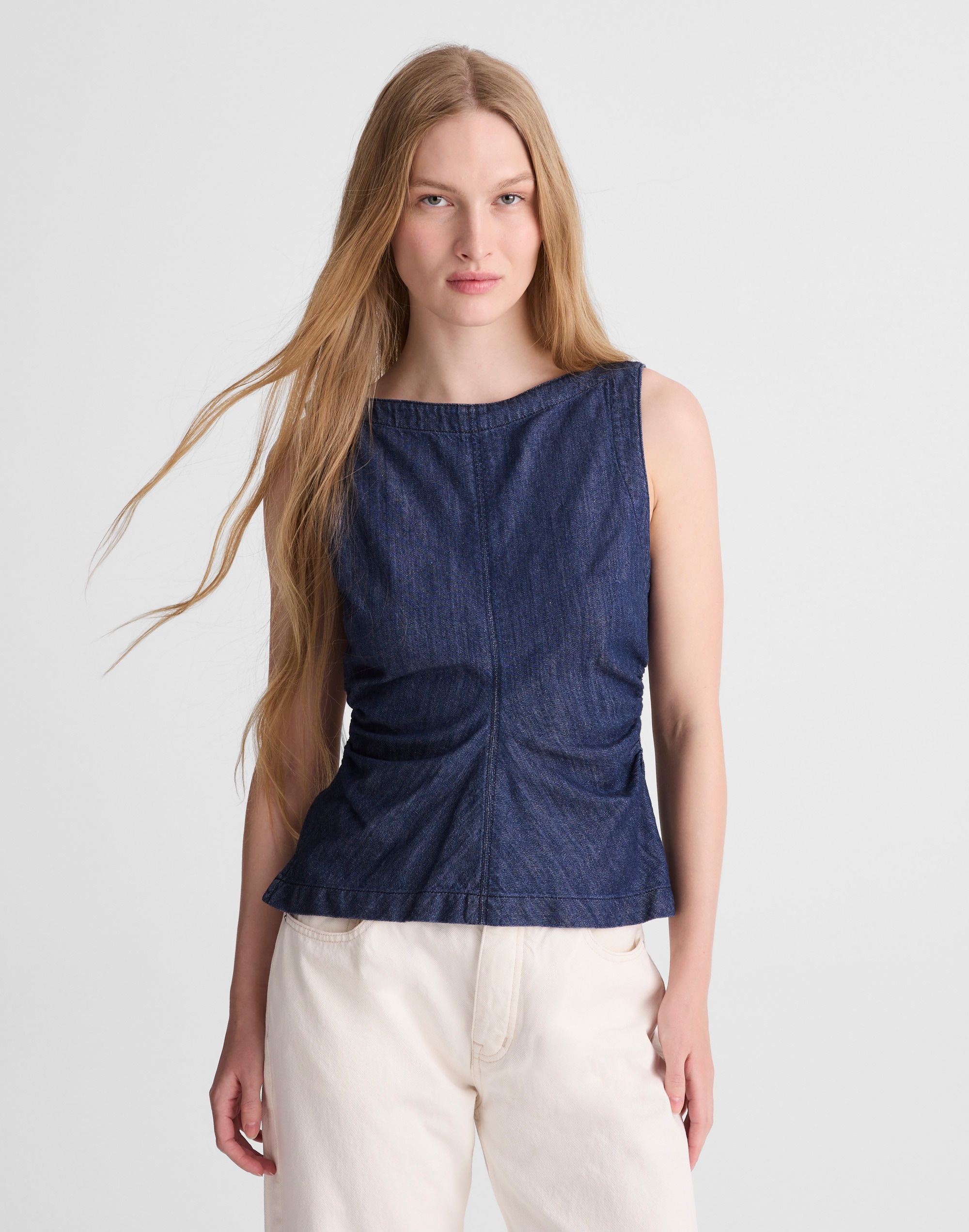 Denim Ruched Boatneck Shell Top