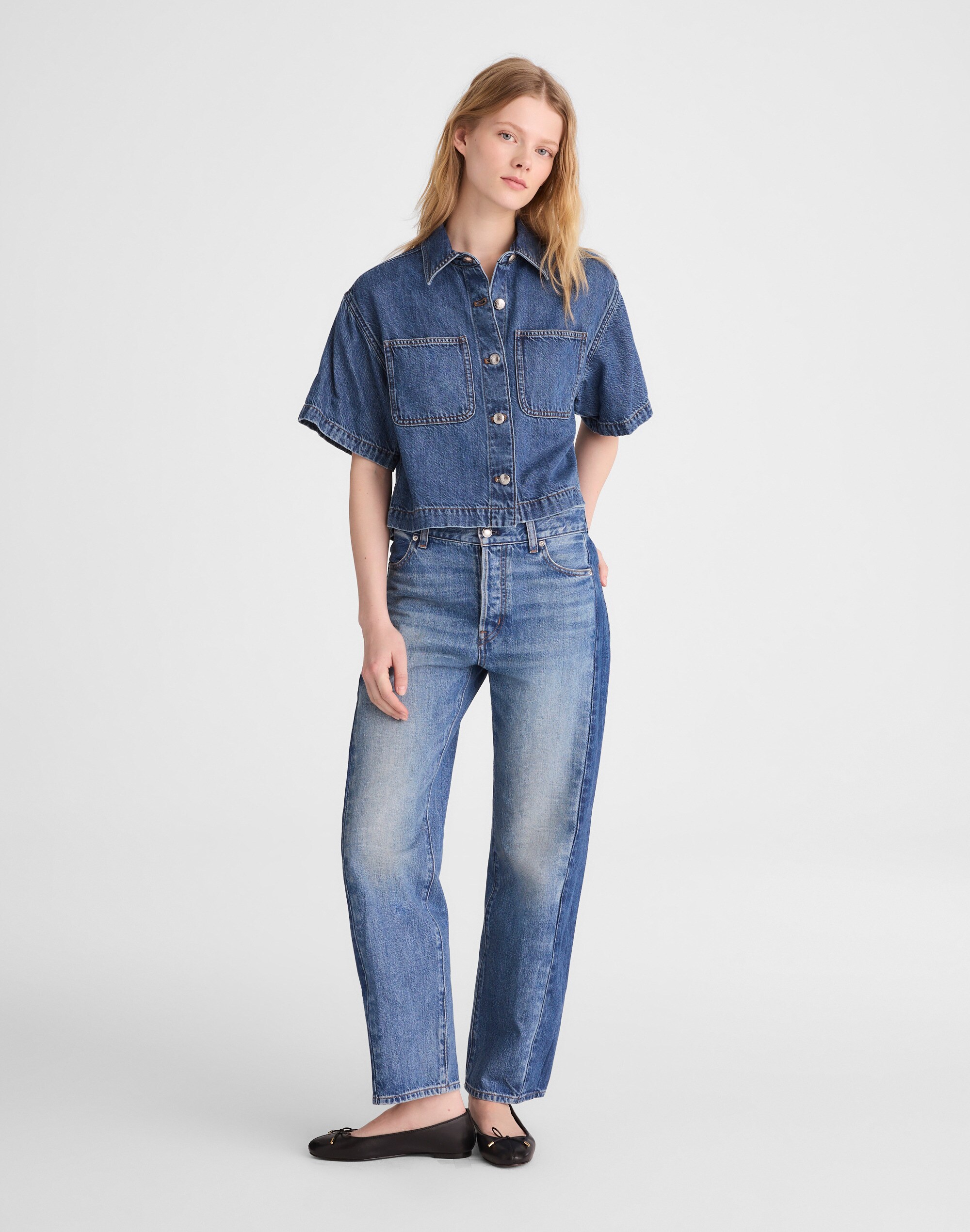 Airy Denim Boxy-Crop Button-Up Shirt