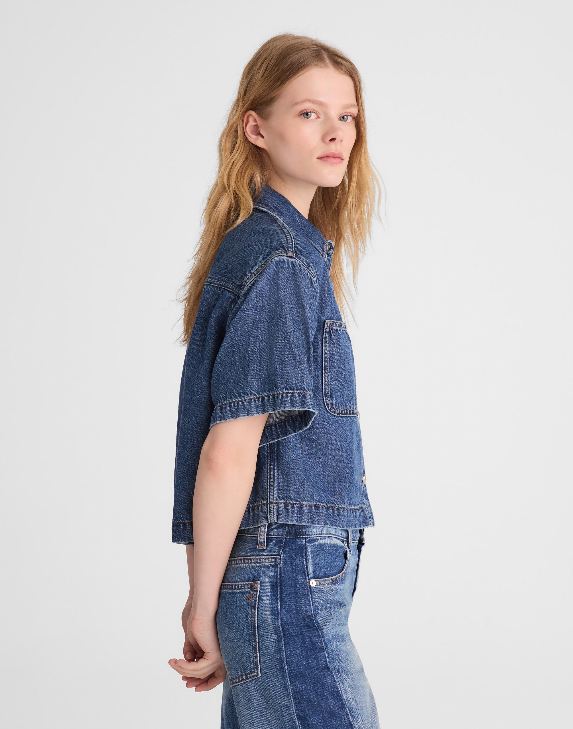 Airy Denim Boxy-Crop Button-Up Shirt