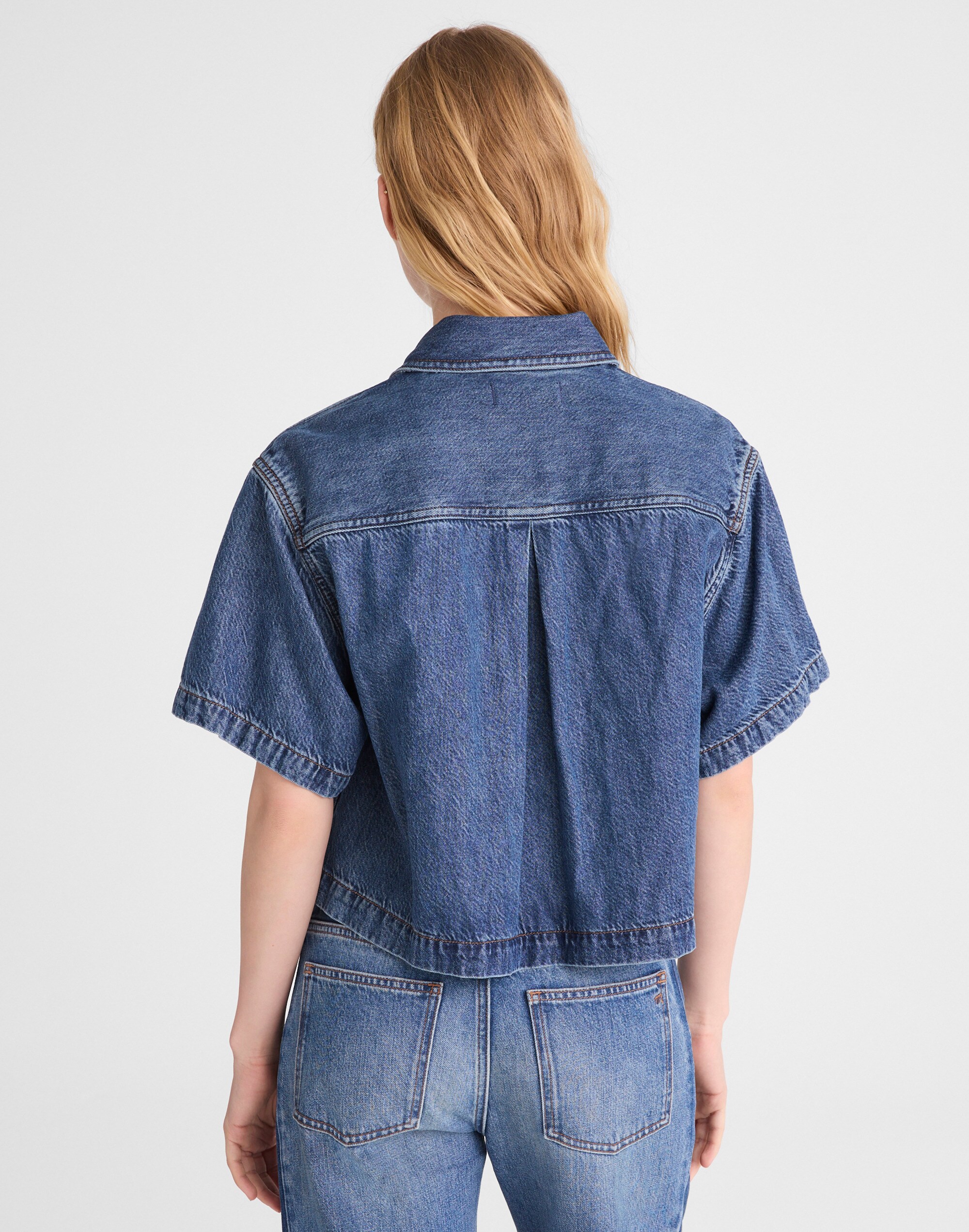Airy Denim Boxy-Crop Button-Up Shirt