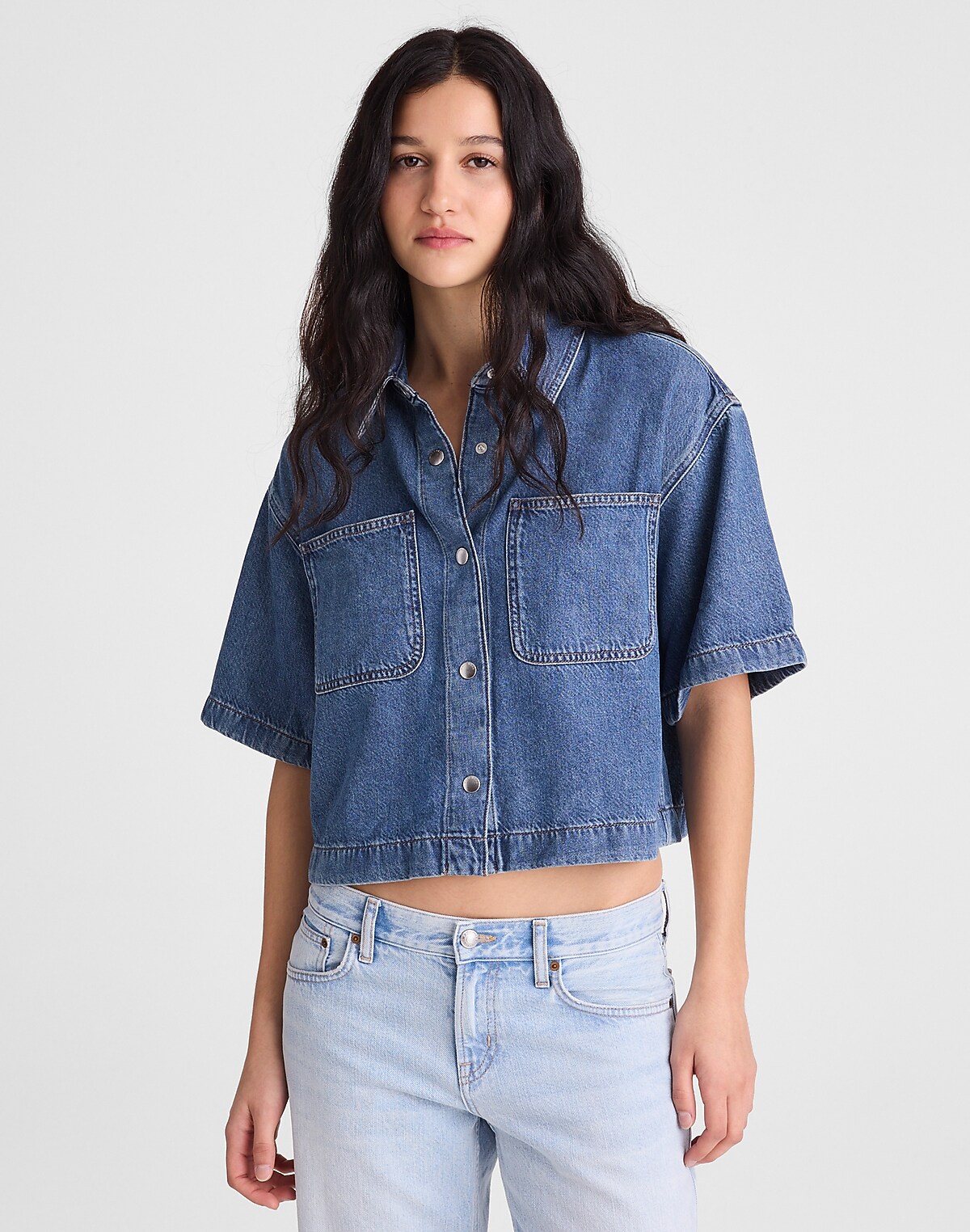 Boxy Crop Button-Up Shirt in Airy Denim