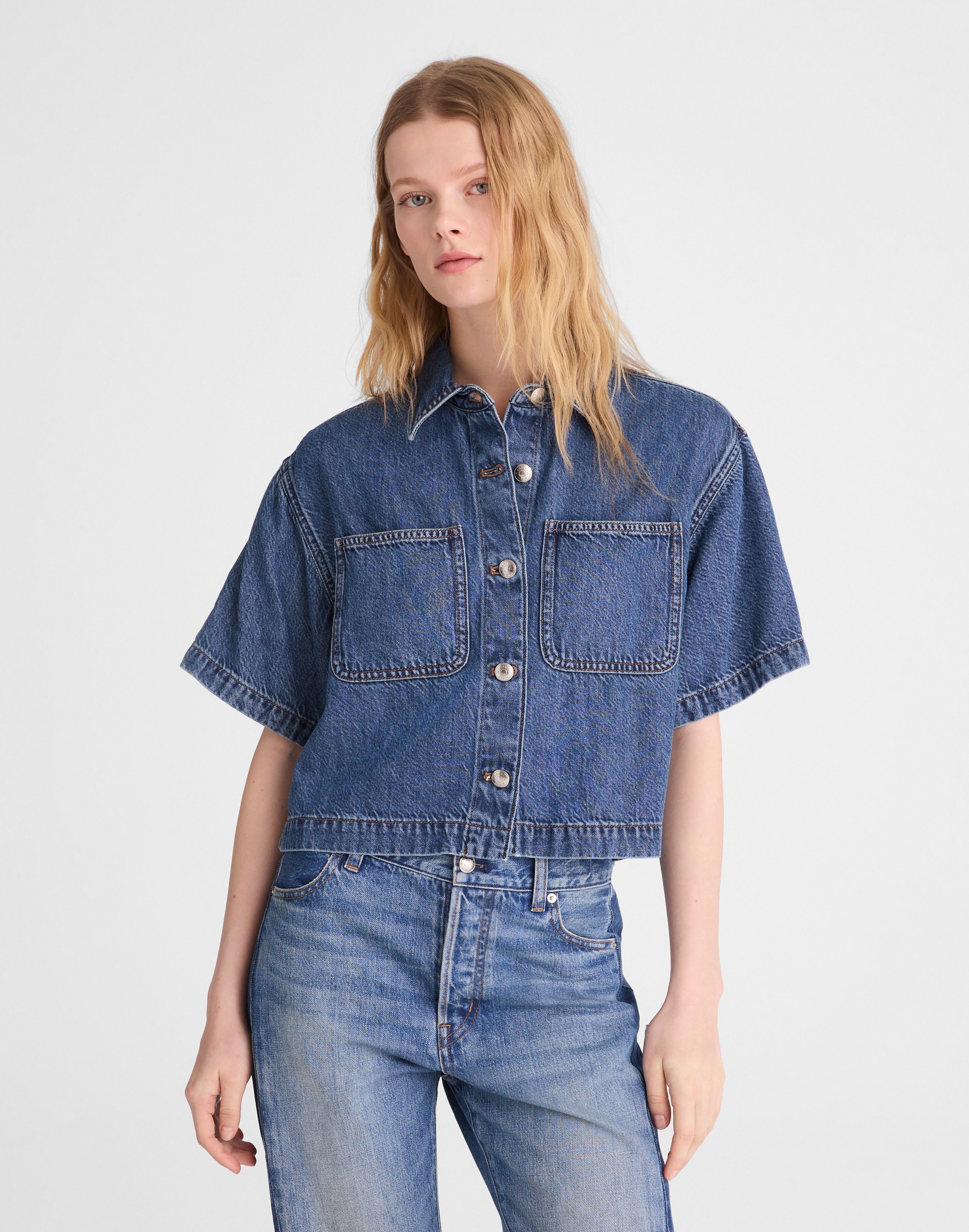 Madewell Airy Denim Boxy-crop Button-up Shirt In Blue