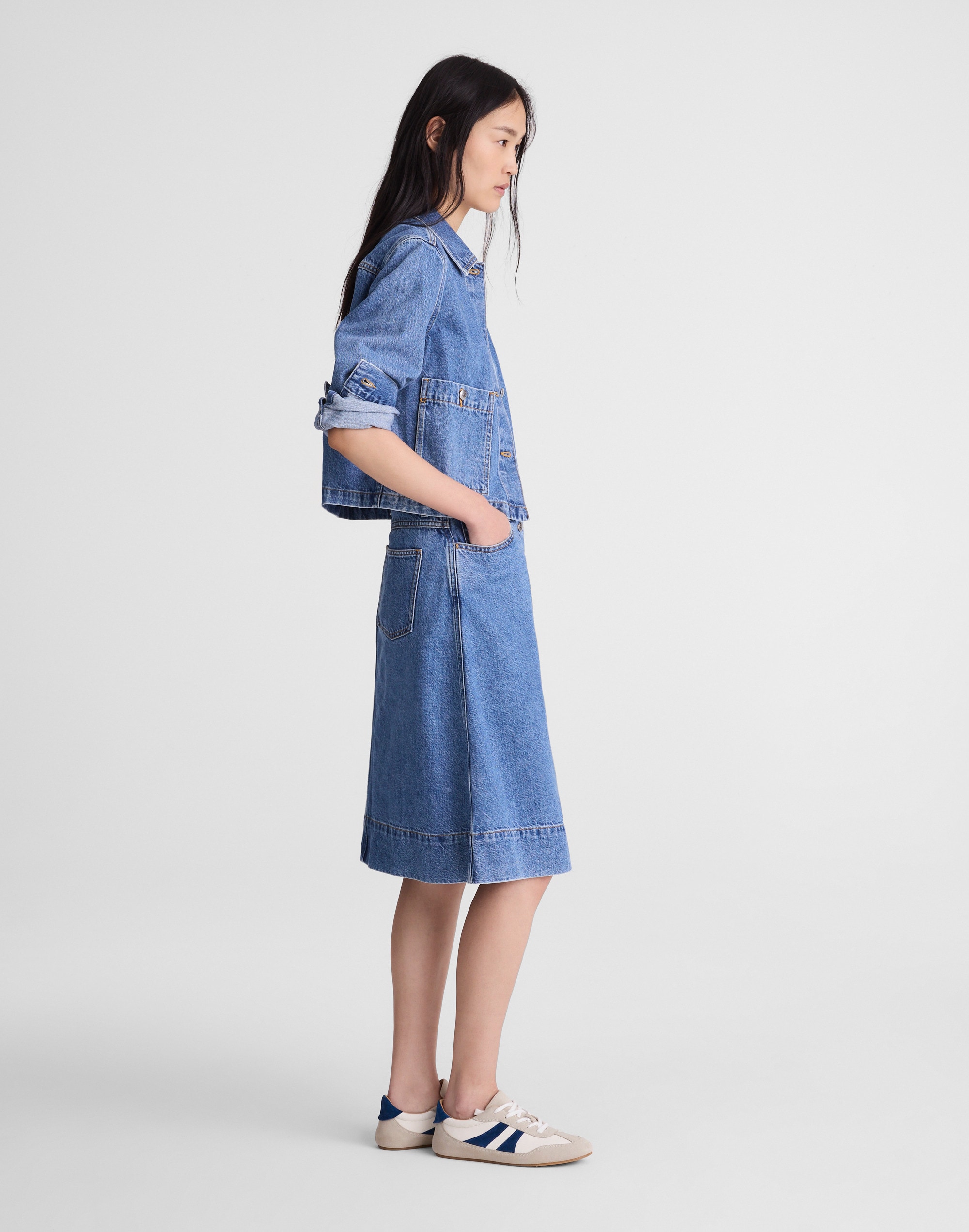 Denim Button-Front A-Line Midi Skirt