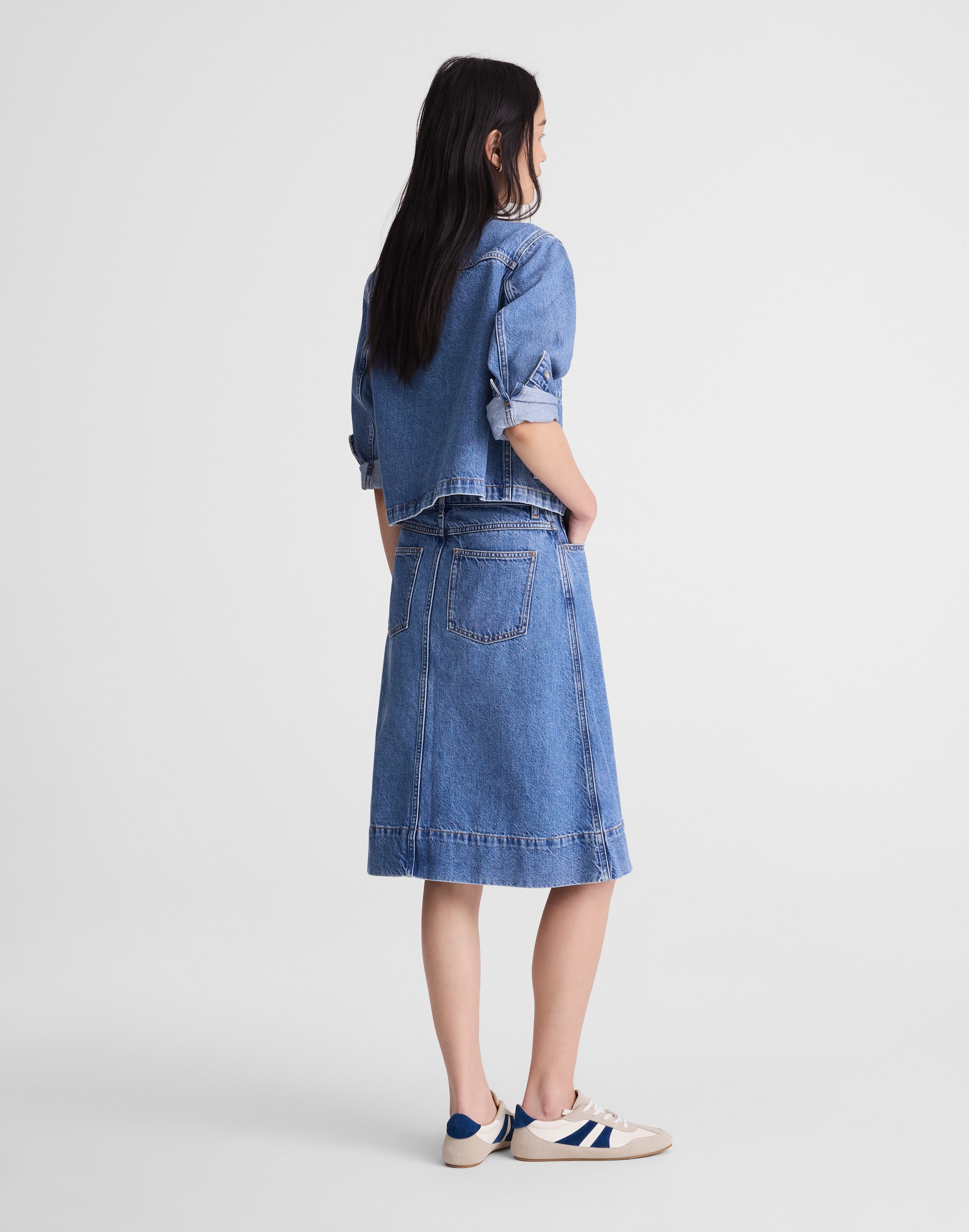 Denim Button-Front A-Line Midi Skirt