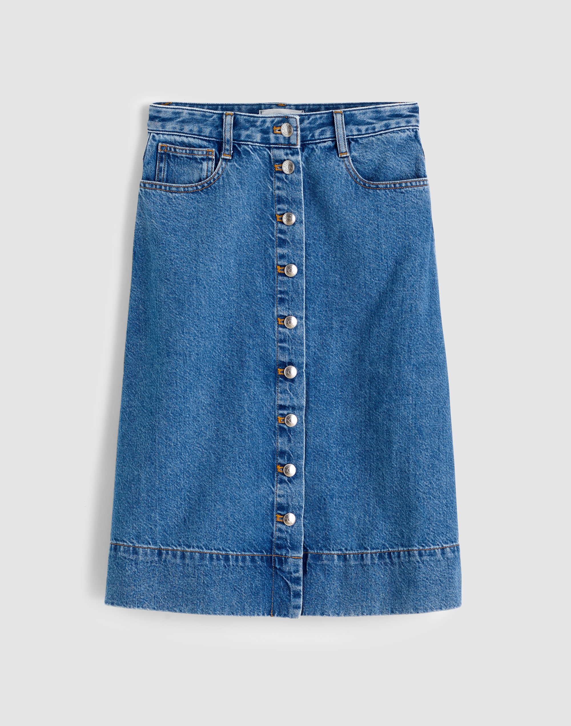 Denim Button-Front A-Line Midi Skirt