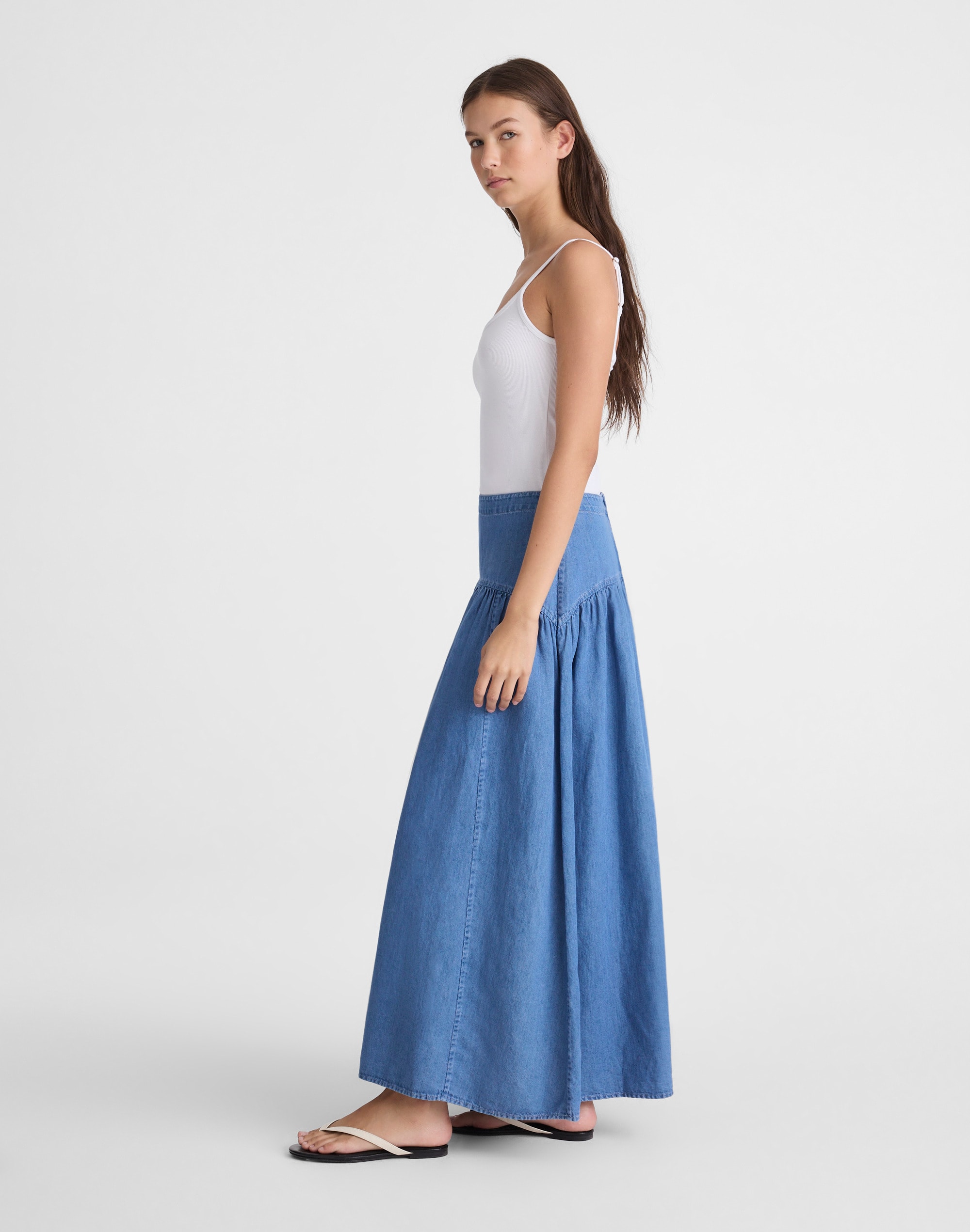 Denim Drop-Waist Maxi Skirt