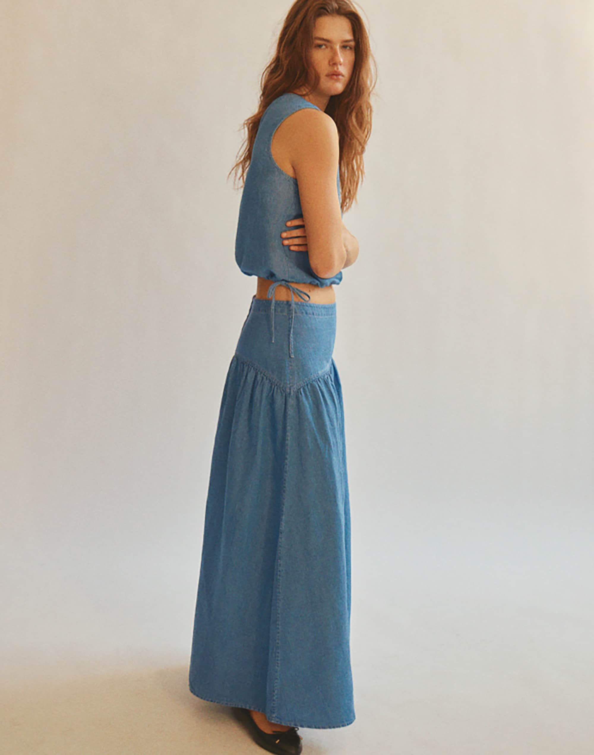 Drop-Waist Maxi Skirt in Cotton-Linen Denim