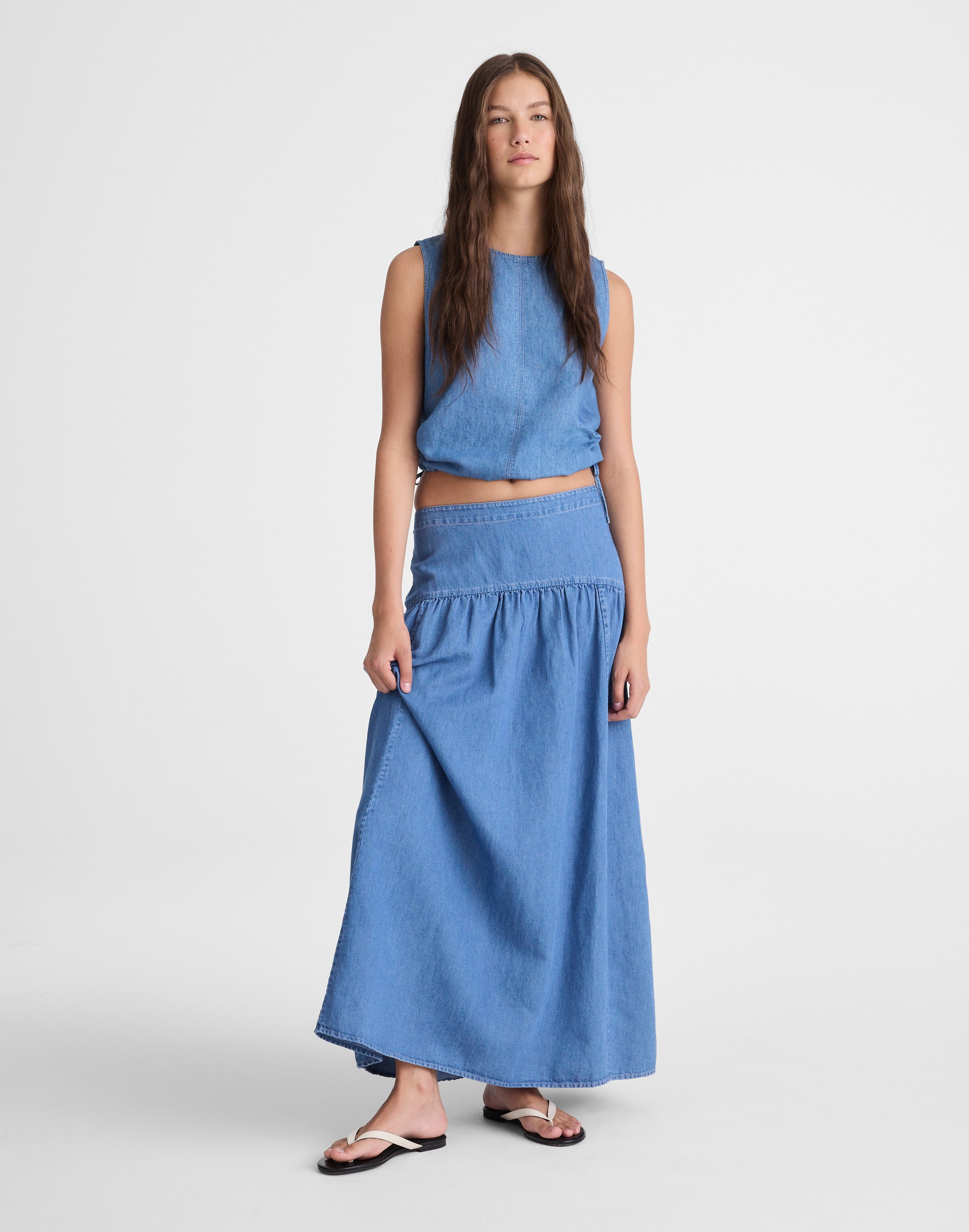 Denim Drop-Waist Maxi Skirt