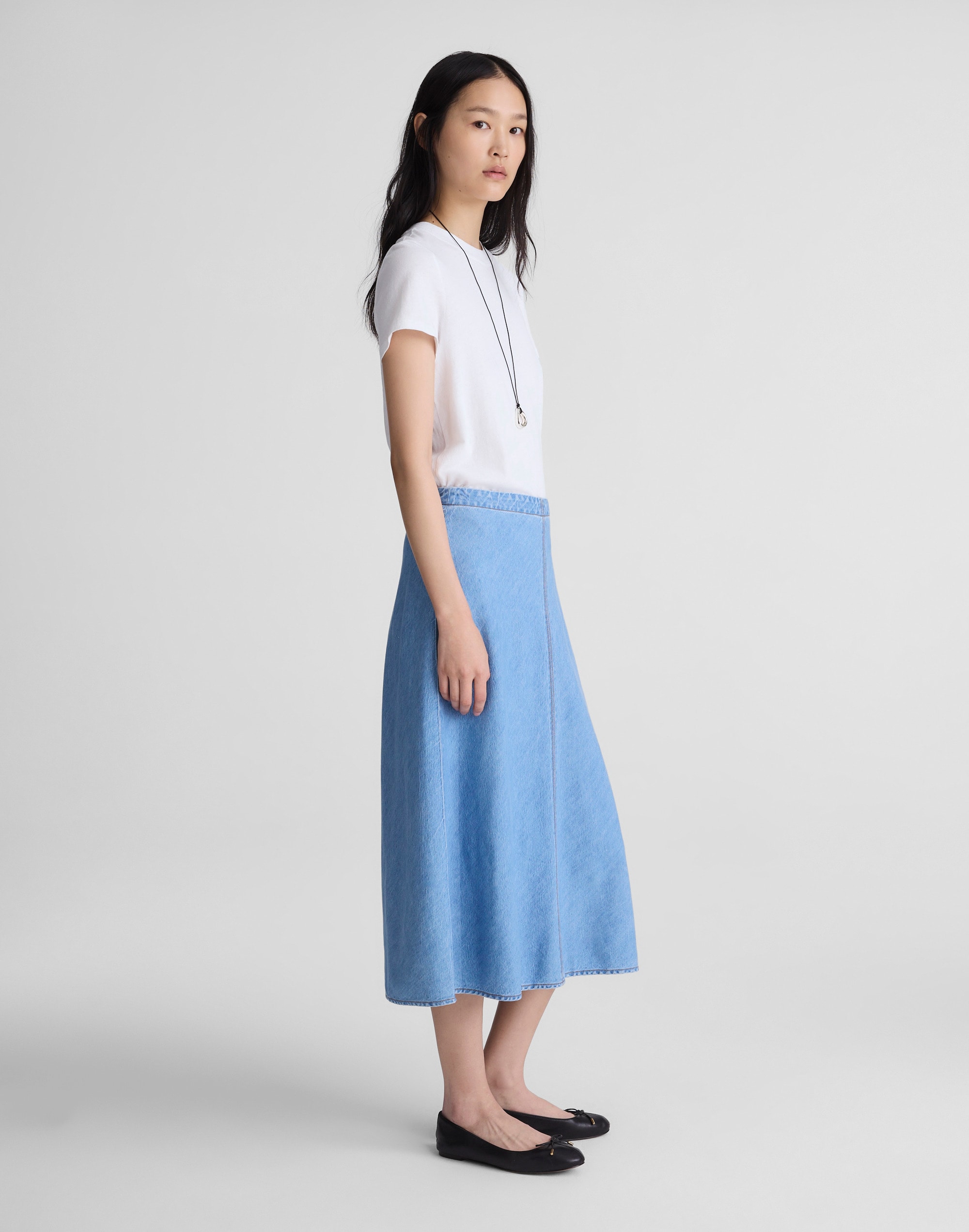 Airy Denim Slip Midi Skirt