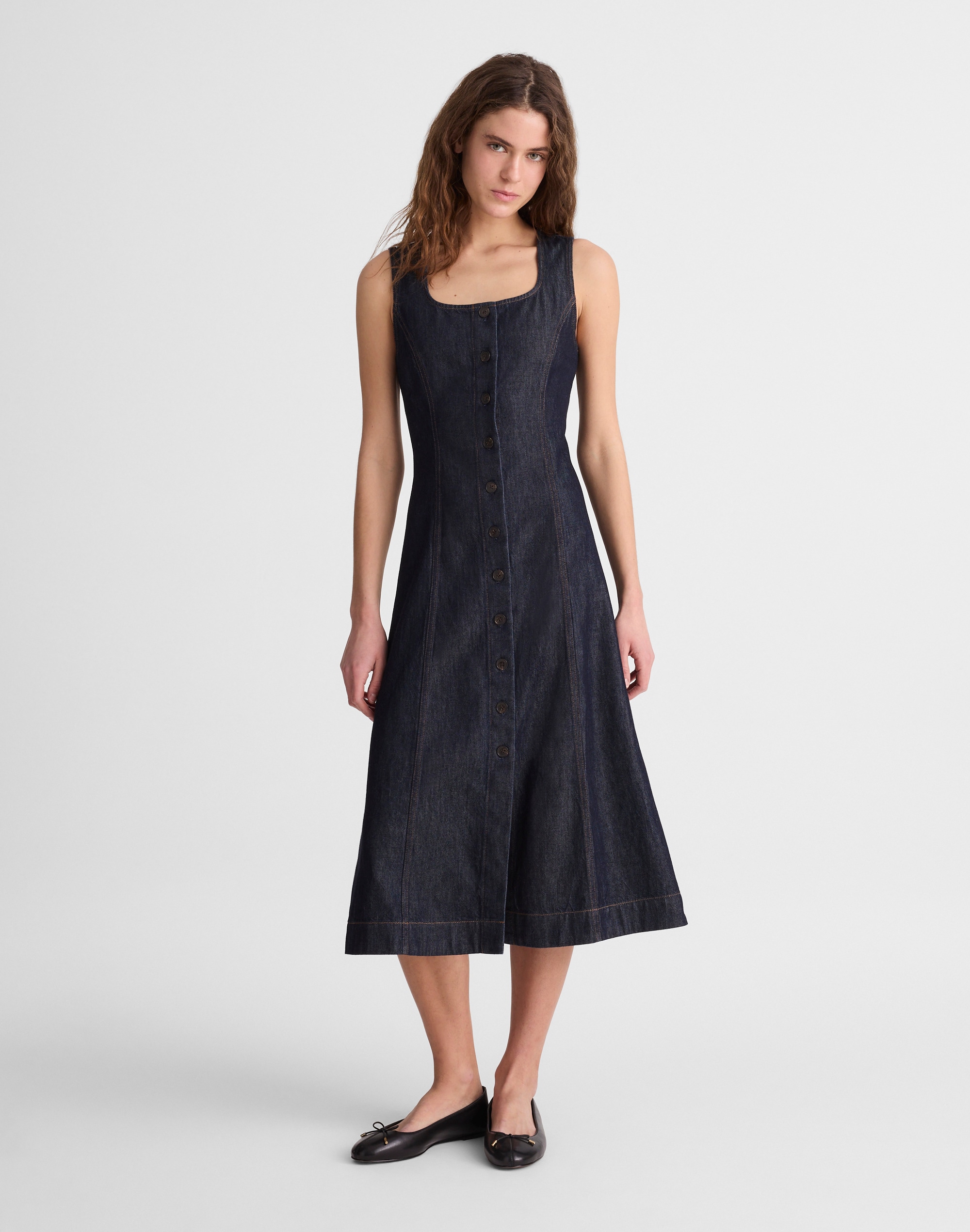 Airy Denim Squareneck Button-Front Midi Dress