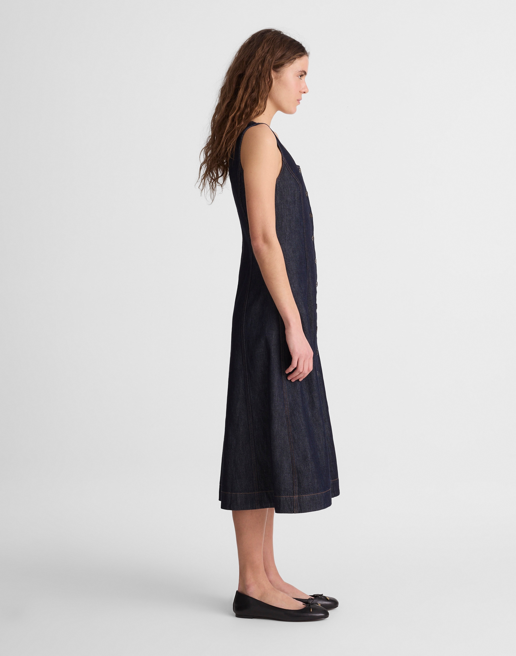 Airy Denim Squareneck Button-Front Midi Dress