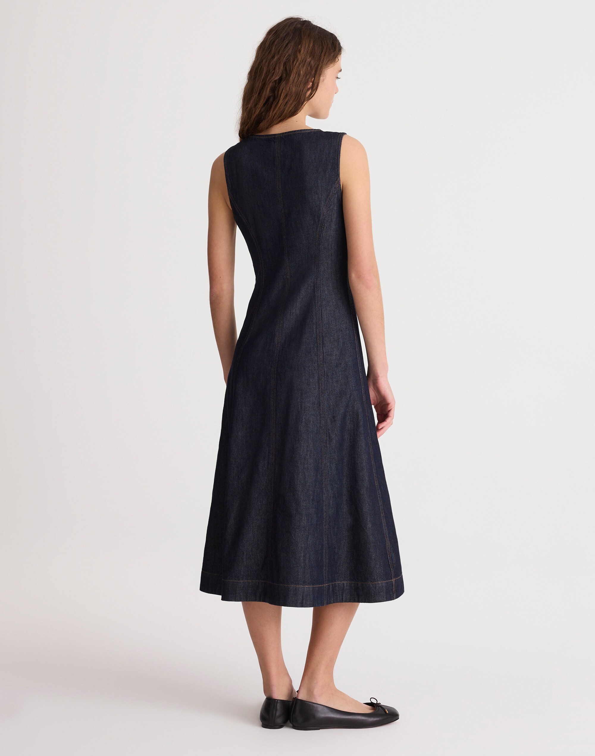 Denim Squareneck Button-Front Midi Dress