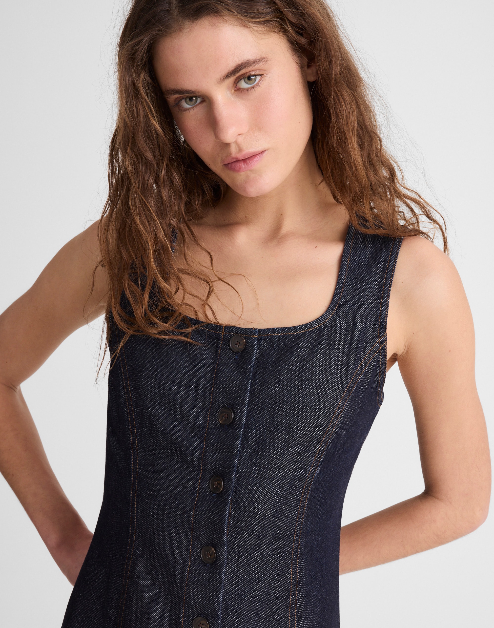 Airy Denim Squareneck Button-Front Midi Dress