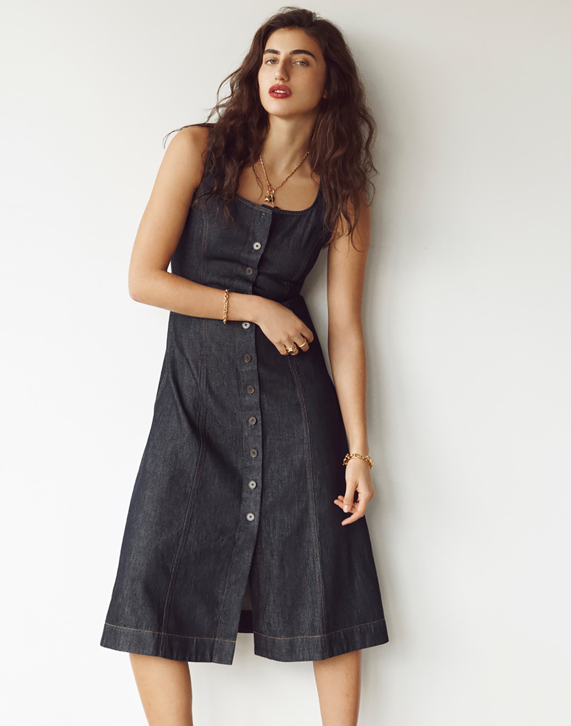 Airy Denim Squareneck Button-Front Midi Dress